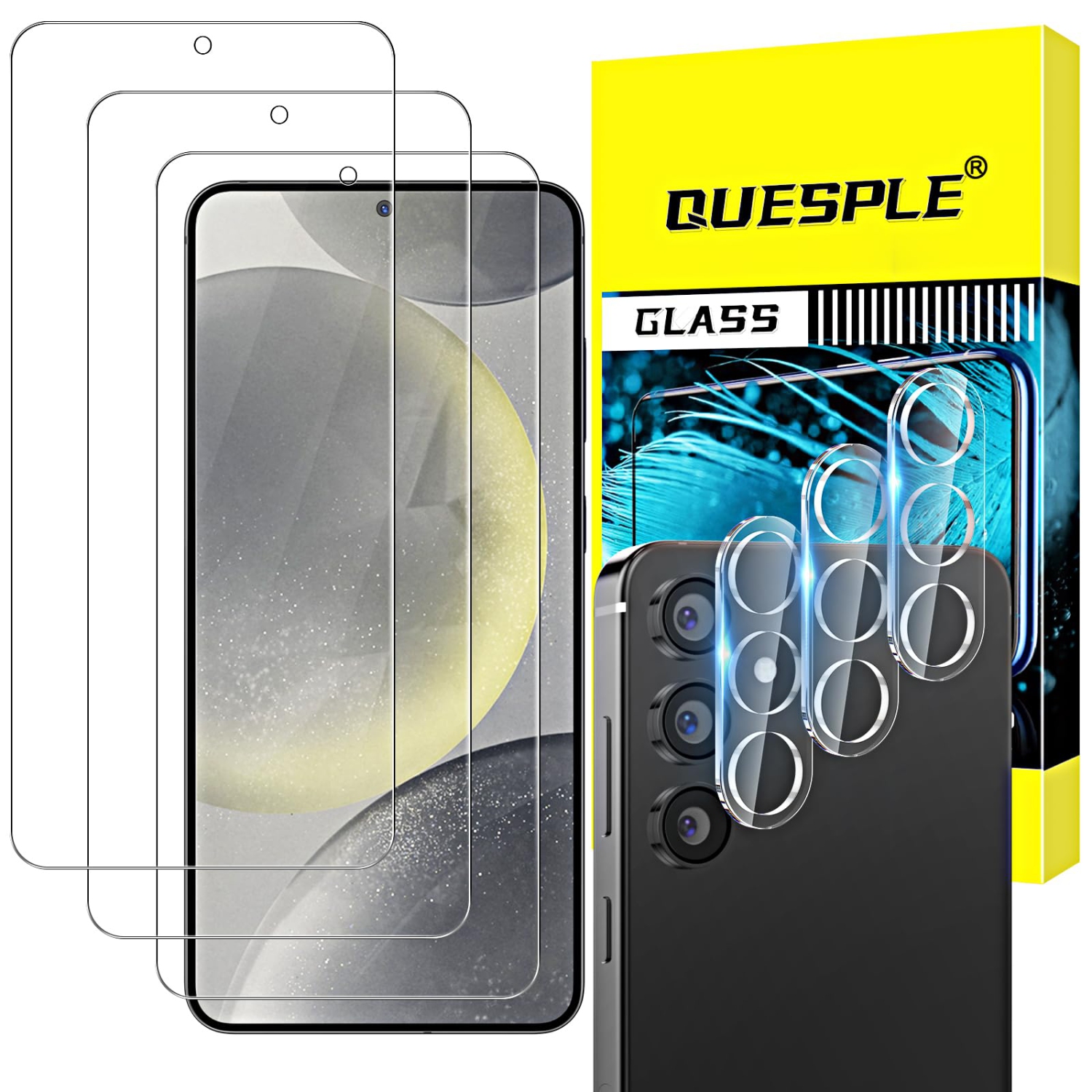 3+3 Pack QUESPLE Samsung Galaxy S24 5G Screen Protector, 3 Pack Shatterproof Premium Tempered Glass + 3 Pack Camera Lens Film, Fingerprint Support,