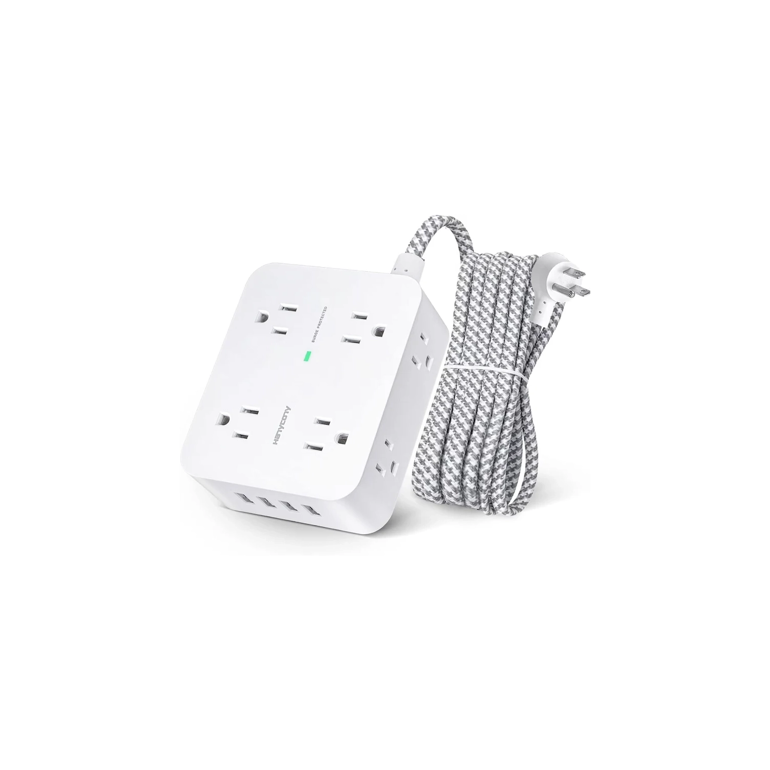 Surge Protector Power Bar - 8 Outlets, 4 USB Ports, 3 Side Power Strip with 5Ft Extension Cord. Ideal for Home Office with Flat Plug and Wall Mount