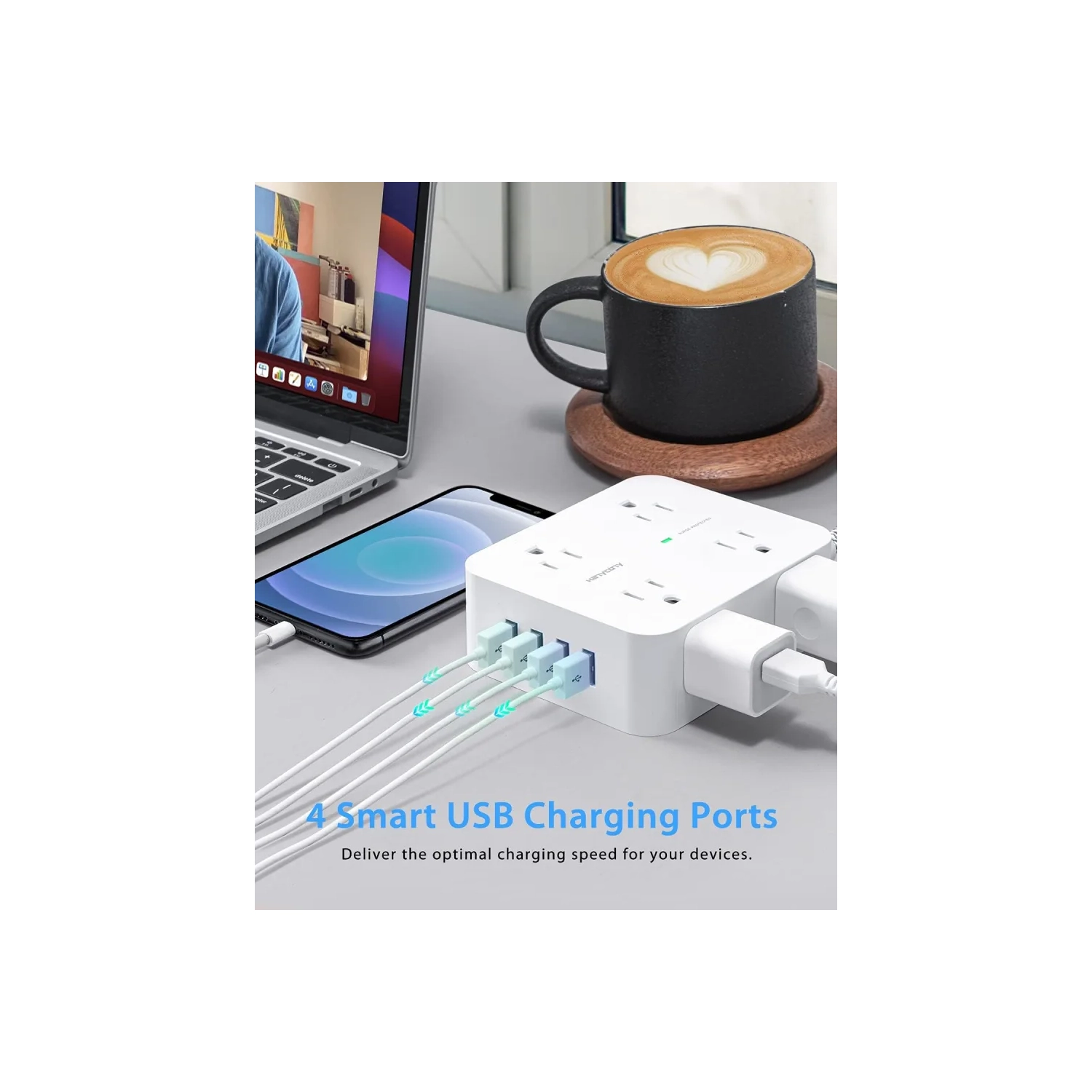 Surge Protector Power Bar - 8 Outlets, 4 USB Ports, 3 Side Power Strip with 5Ft Extension Cord. Ideal for Home Office with Flat Plug and Wall Mount