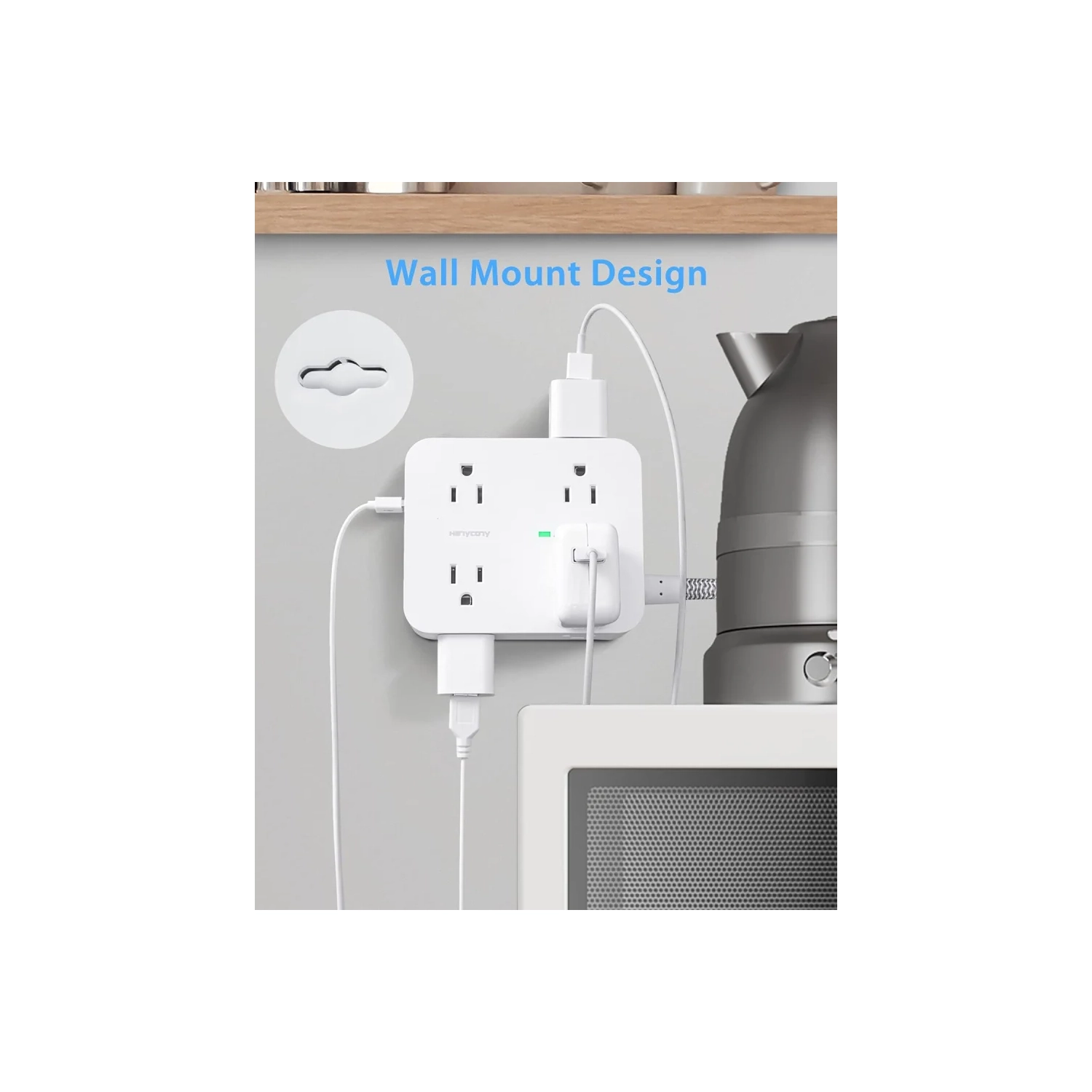 Surge Protector Power Bar - 8 Outlets, 4 USB Ports, 3 Side Power Strip with 5Ft Extension Cord. Ideal for Home Office with Flat Plug and Wall Mount