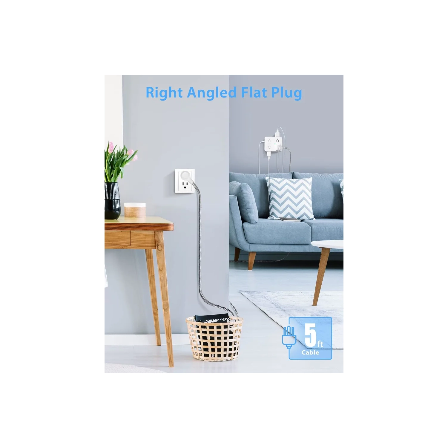 Surge Protector Power Bar - 8 Outlets, 4 USB Ports, 3 Side Power Strip with 5Ft Extension Cord. Ideal for Home Office with Flat Plug and Wall Mount