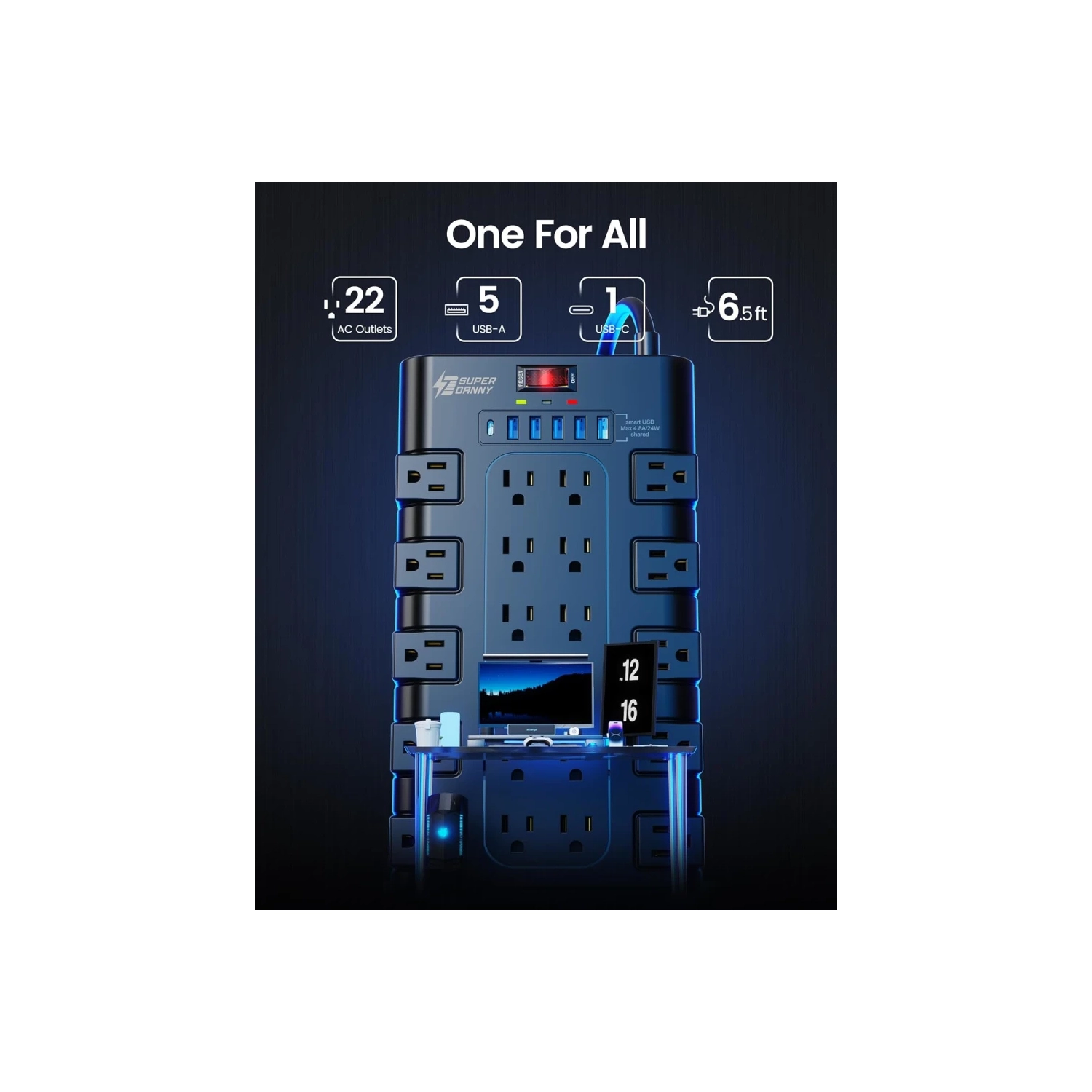 Surge Protector Power Bar - 22 Outlets, 6 USB Ports, Mountable Flat Plug Strip, 2100 Joules, 6.5Ft Cord - Home, Office, Dorm