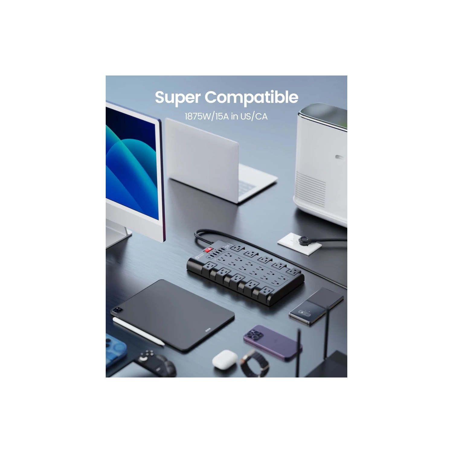 Surge Protector Power Bar - 22 Outlets, 6 USB Ports, Mountable Flat Plug Strip, 2100 Joules, 6.5Ft Cord - Home, Office, Dorm