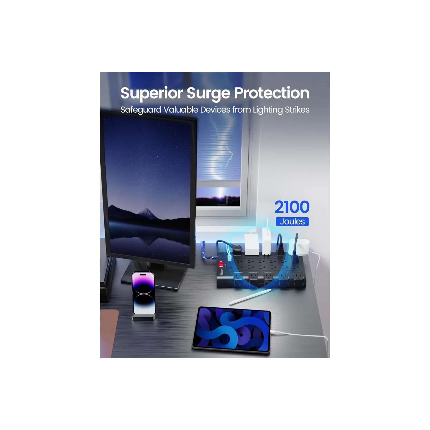 Surge Protector Power Bar - 22 Outlets, 6 USB Ports, Mountable Flat Plug Strip, 2100 Joules, 6.5Ft Cord - Home, Office, Dorm