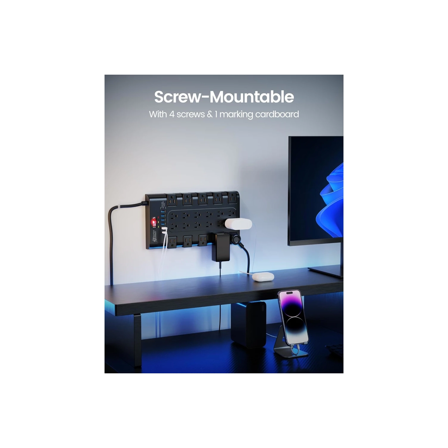 Surge Protector Power Bar - 22 Outlets, 6 USB Ports, Mountable Flat Plug Strip, 2100 Joules, 6.5Ft Cord - Home, Office, Dorm