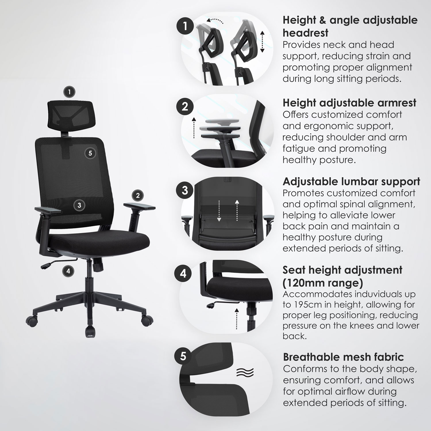 Fauteuil de bureau en filet ergonomique avec appuie-tête Expert de Naz - Noir