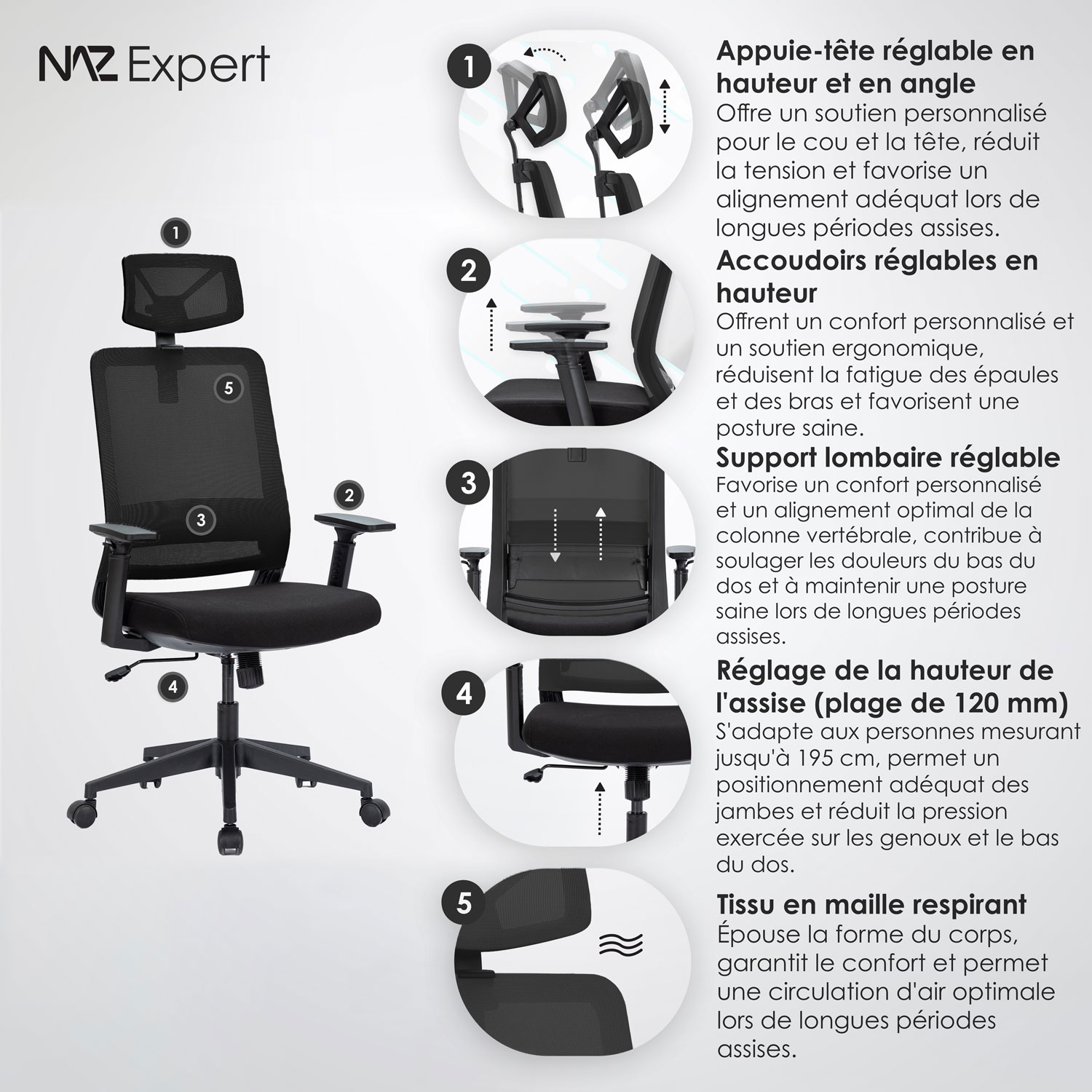 Fauteuil de bureau en filet ergonomique avec appuie-tête Expert de Naz - Noir