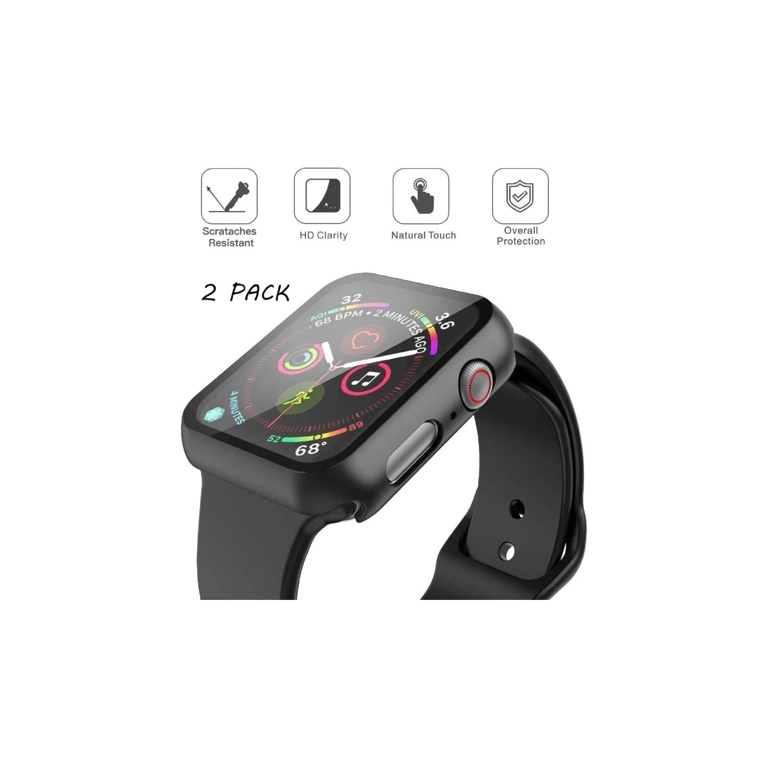 2-Pack Black Hard PC Case with Tempered Glass Screen Protector for Apple Watch Series 6, SE, 5, 4