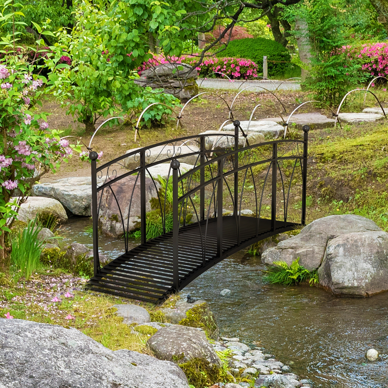 Outsunny 8' Metal Arch Garden Bridge with Safety Railings, Decorative Arc Footbridge with Delicate Scrollwork, Pond Bridge for Backyard Creek Stream,