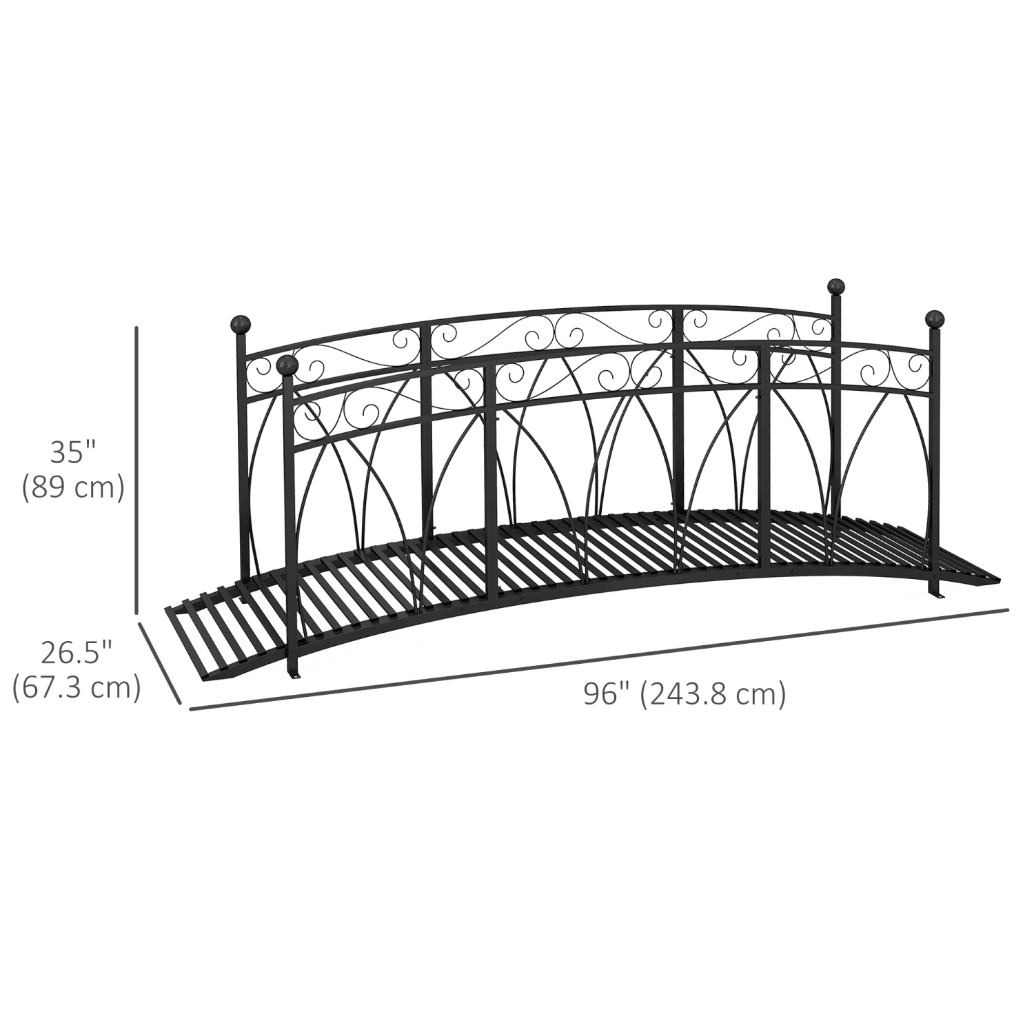 Outsunny 8' Metal Arch Garden Bridge with Safety Railings, Decorative Arc Footbridge with Delicate Scrollwork, Pond Bridge for Backyard Creek Stream,