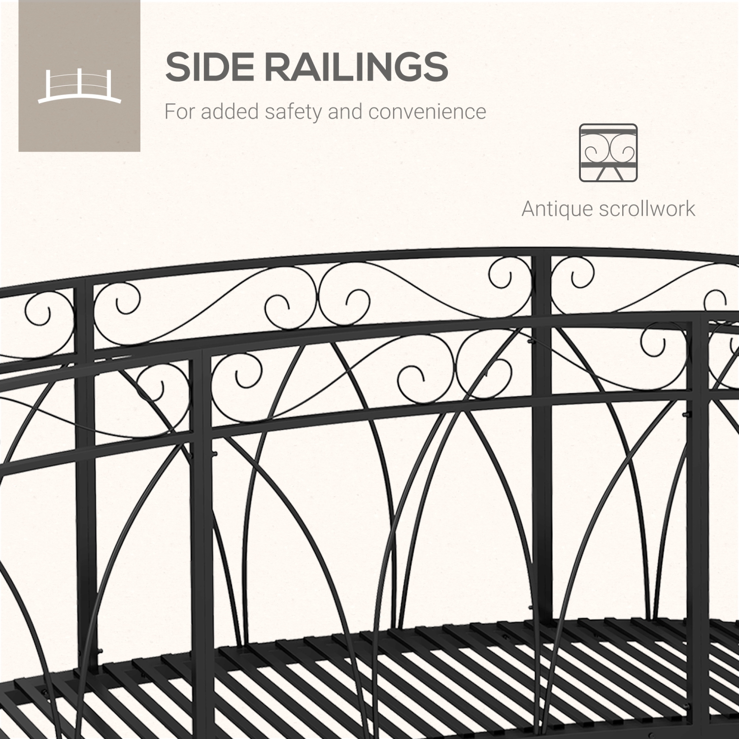 Outsunny 8' Metal Arch Garden Bridge with Safety Railings, Decorative Arc Footbridge with Delicate Scrollwork, Pond Bridge for Backyard Creek Stream,