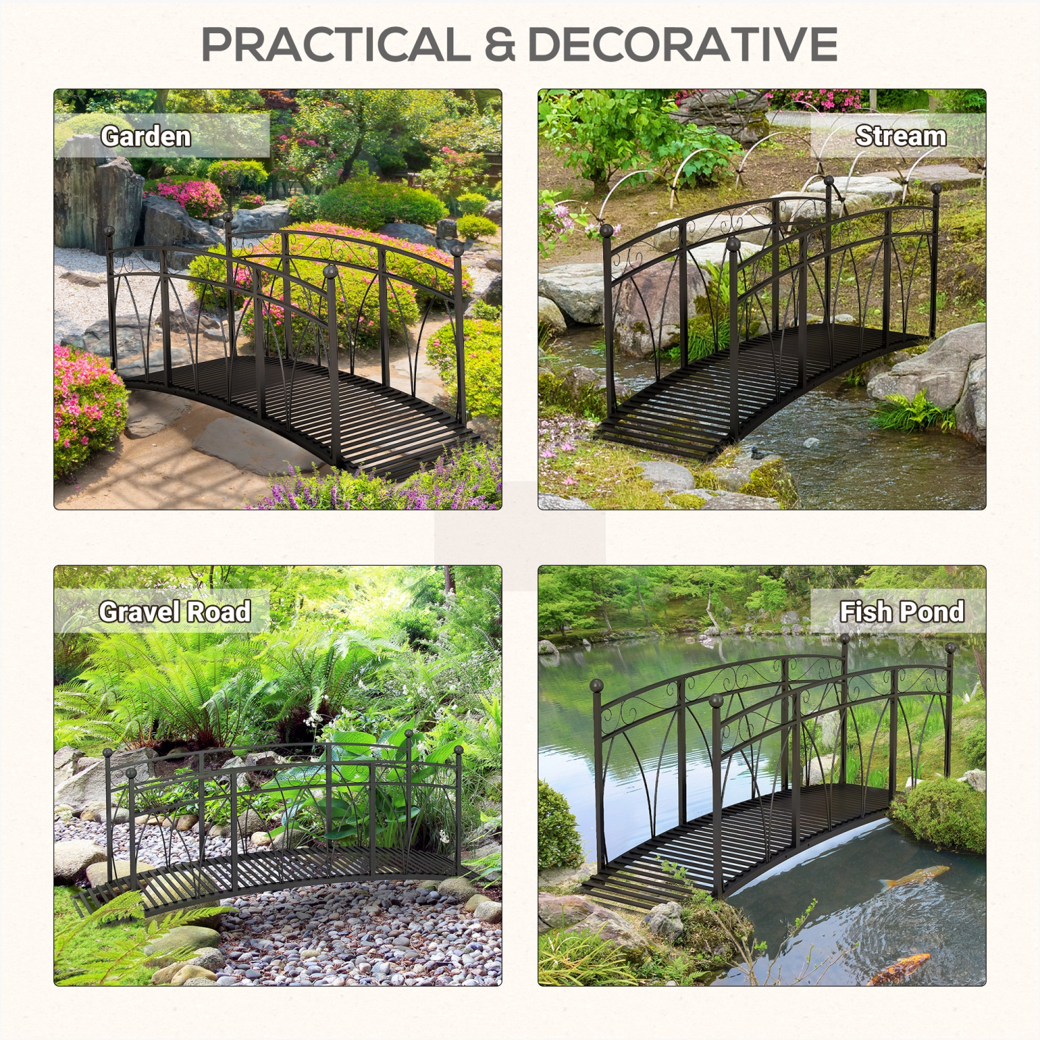Outsunny 8' Metal Arch Garden Bridge with Safety Railings, Decorative Arc Footbridge with Delicate Scrollwork, Pond Bridge for Backyard Creek Stream,
