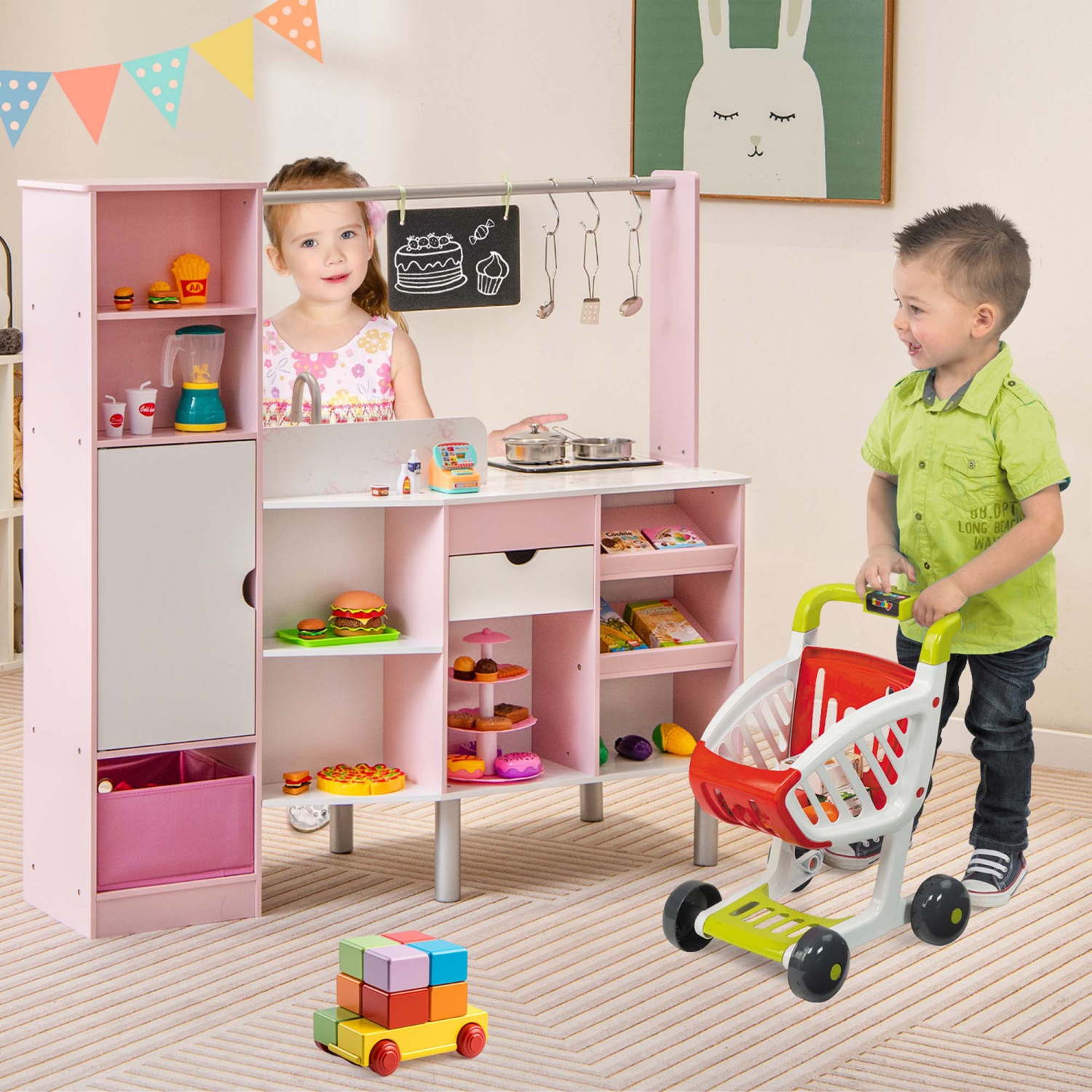 Costway 2-in-1 Kids Kitchen & Market with Realistic Light & Sound 82 Accessories Included