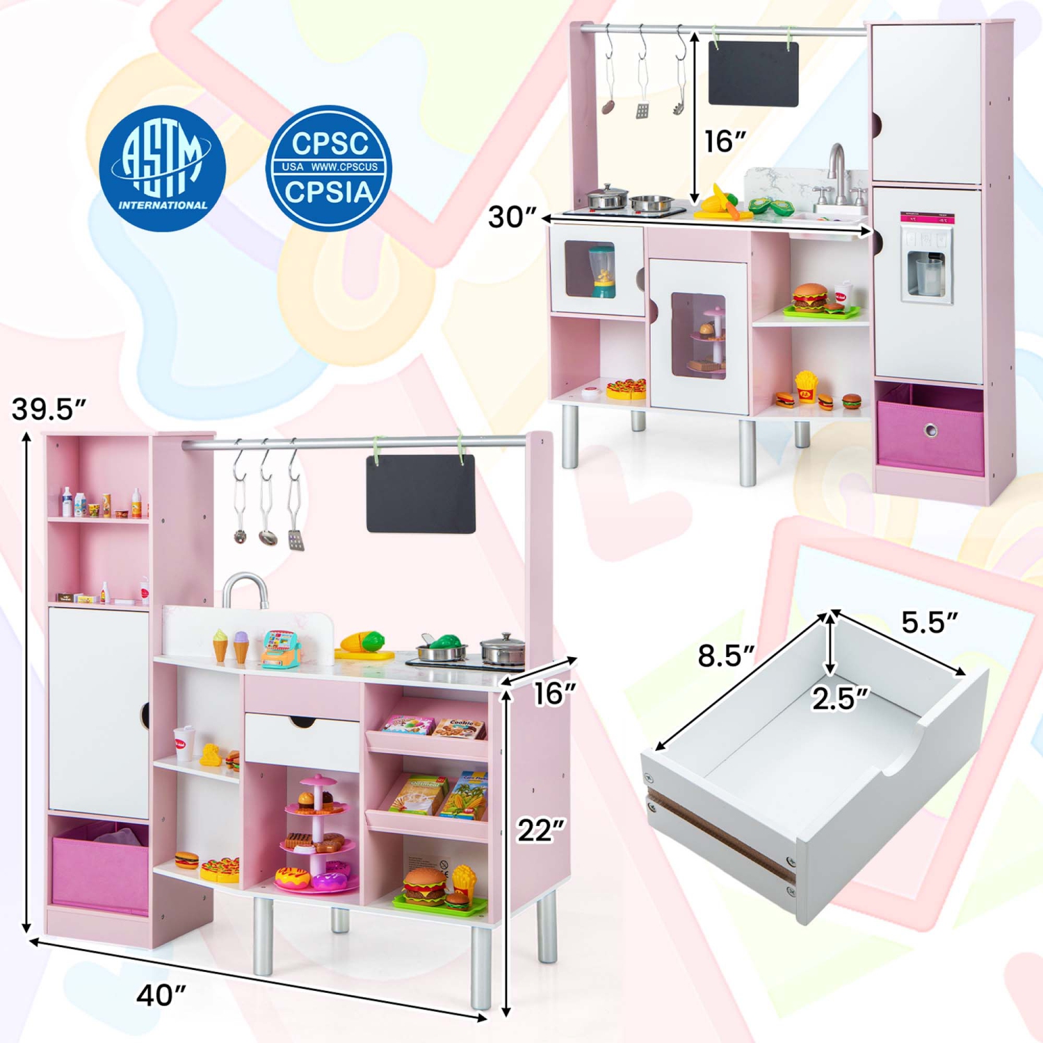 Costway 2-in-1 Kids Kitchen & Market with Realistic Light & Sound 82 Accessories Included