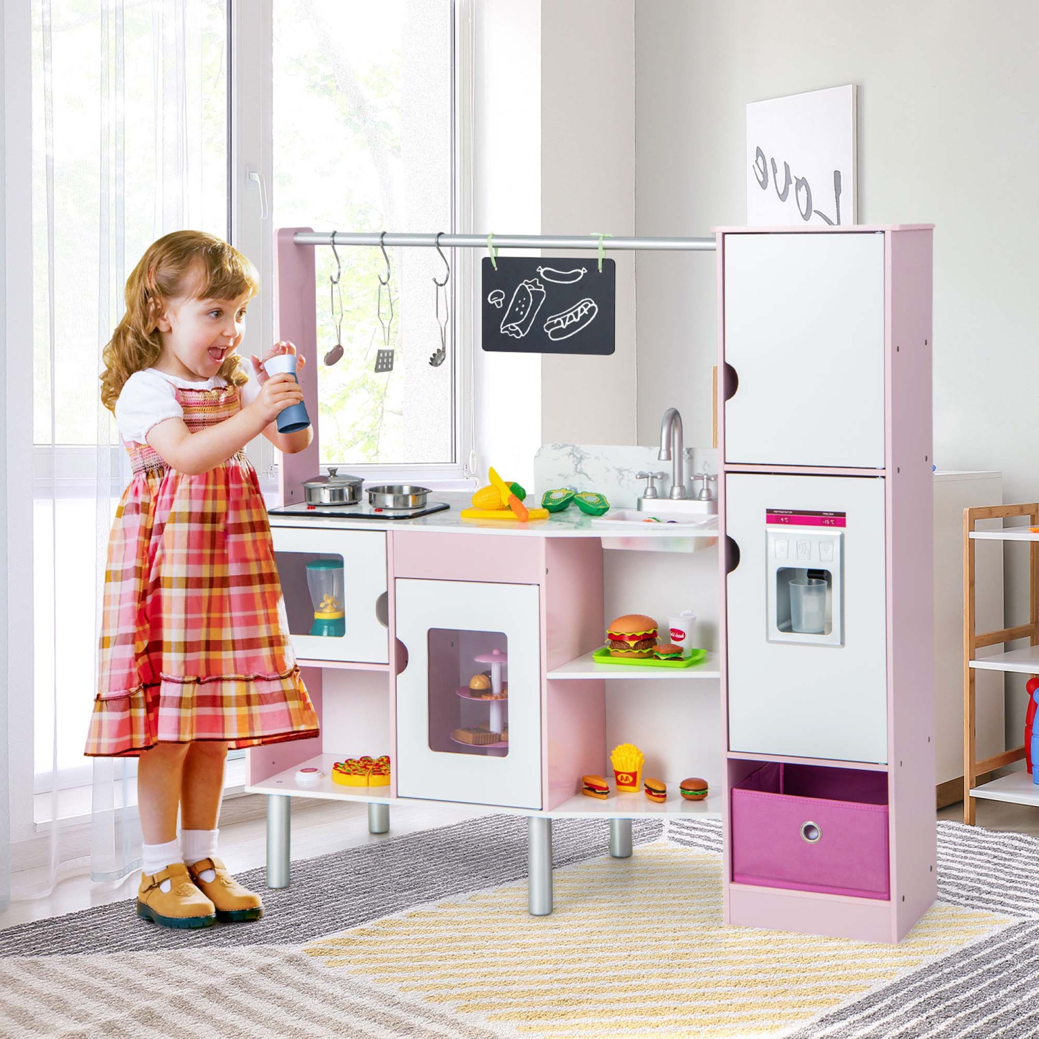 Costway 2-in-1 Kids Kitchen & Market with Realistic Light & Sound 82 Accessories Included