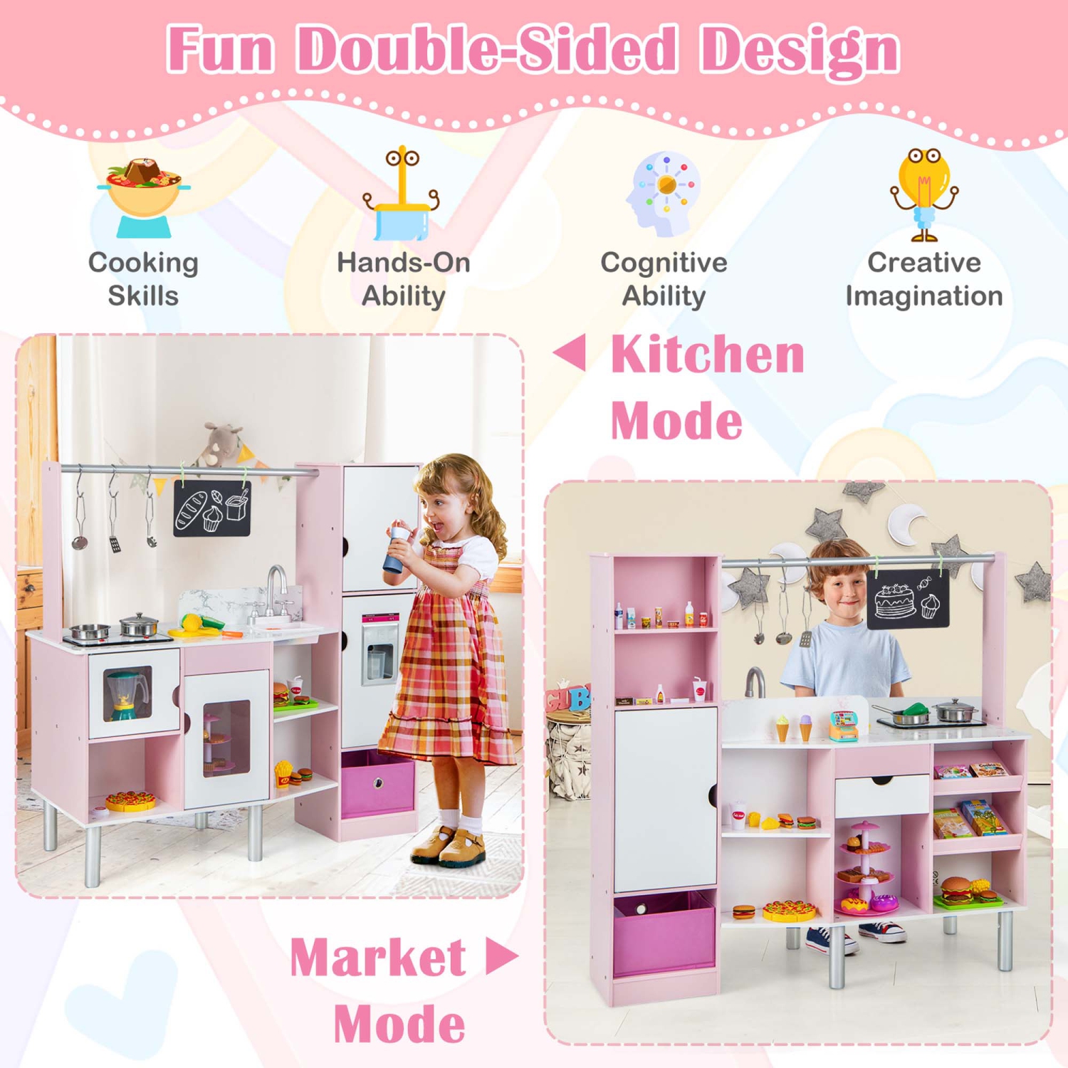 Costway 2-in-1 Kids Kitchen & Market with Realistic Light & Sound 82 Accessories Included