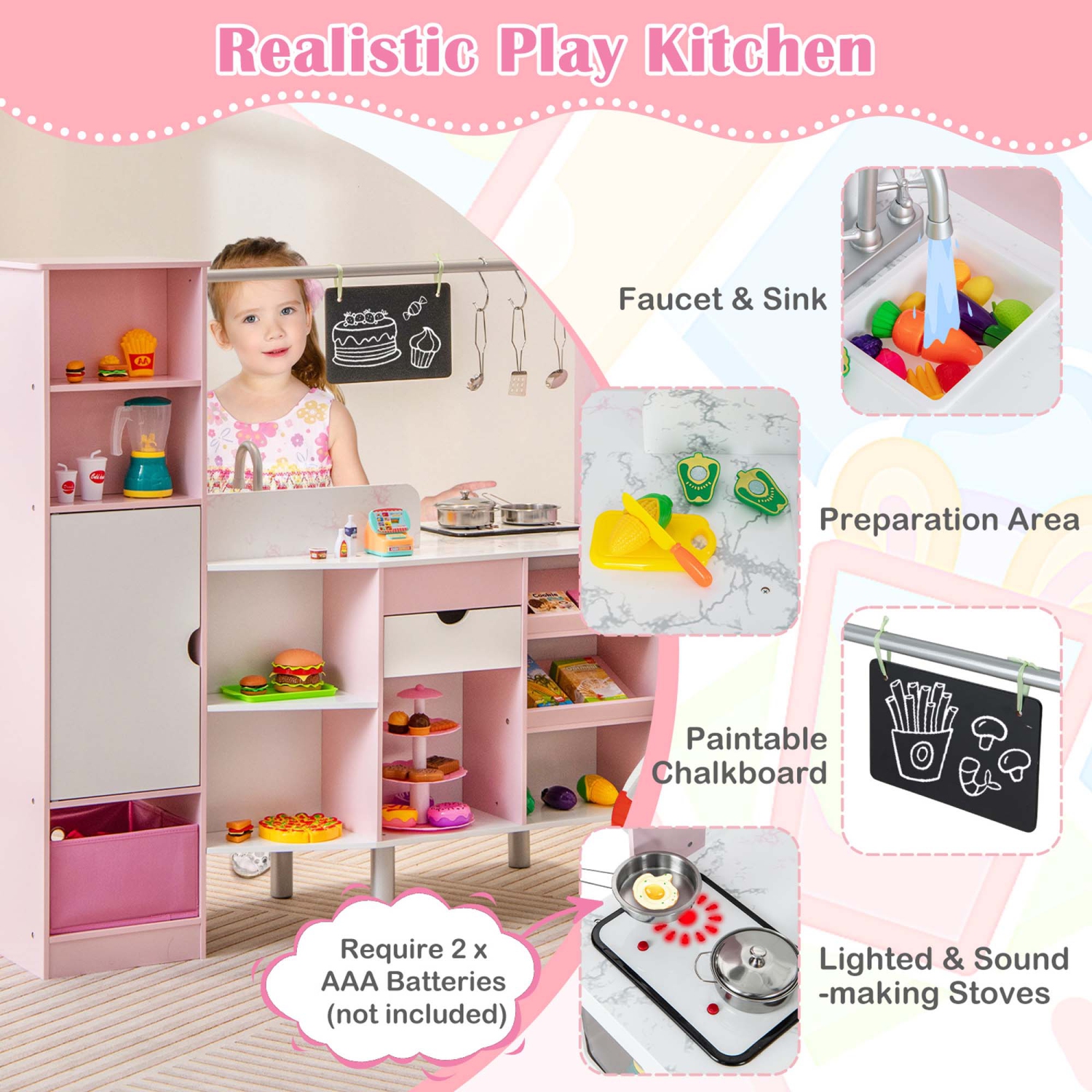 Costway 2-in-1 Kids Kitchen & Market with Realistic Light & Sound 82 Accessories Included