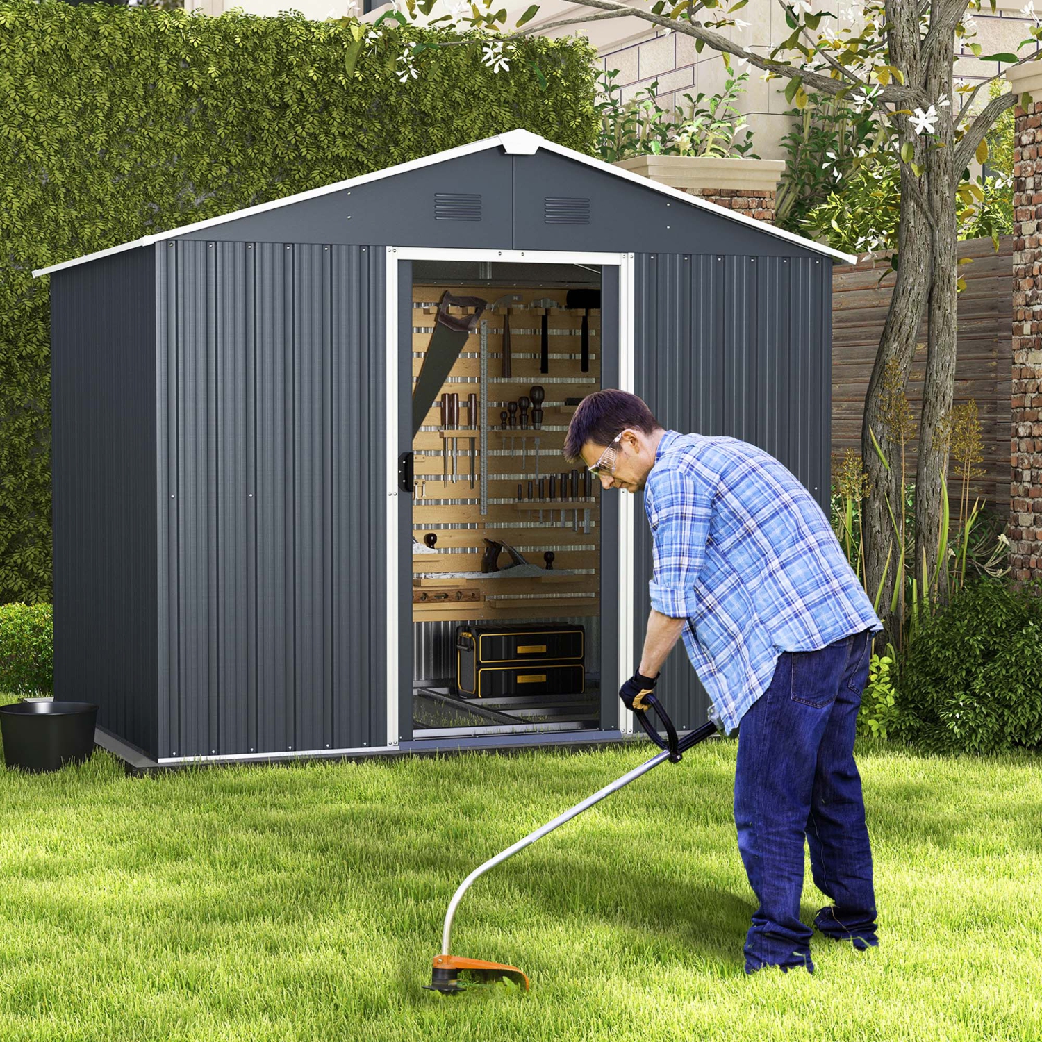 Costway 5.7 FT x 7.5 FT Outside Storage Shed Double Door Outdoor Tool House withAir Window