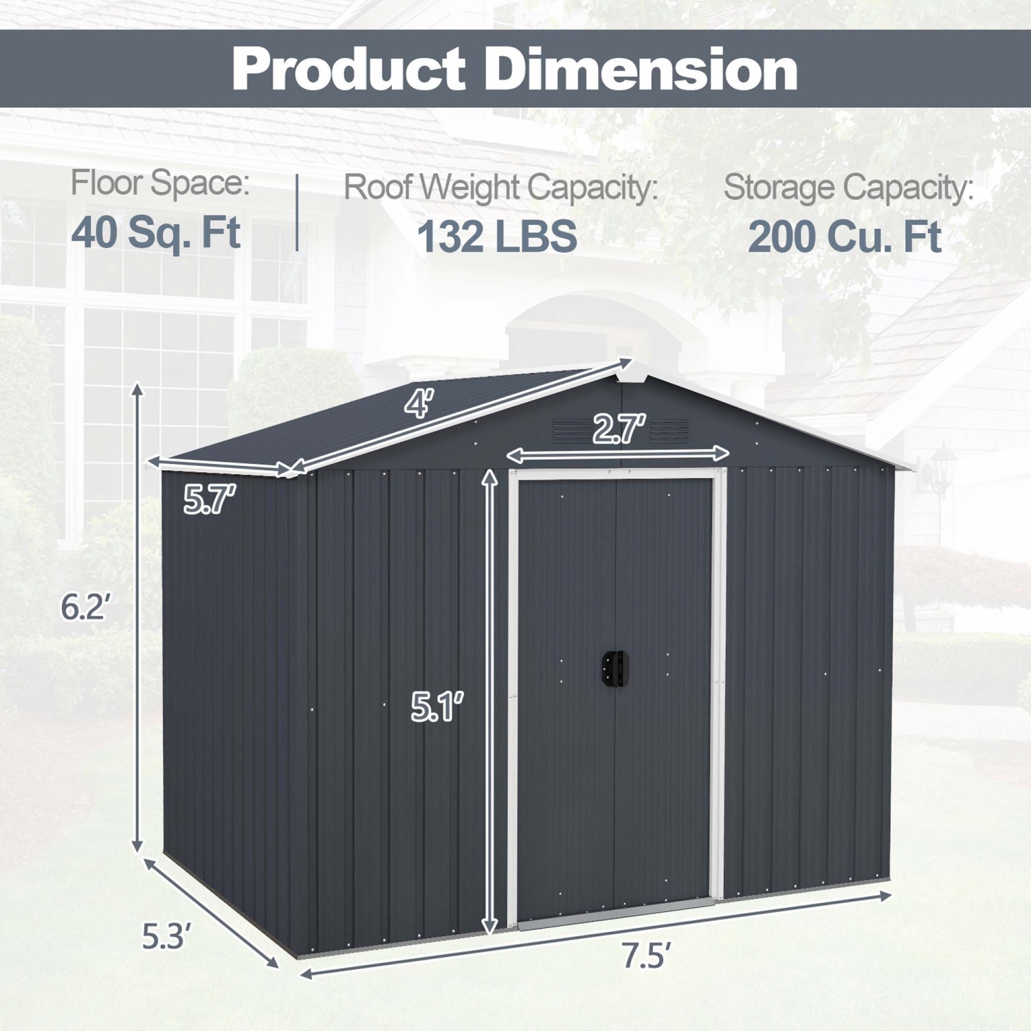 Costway 5.7 FT x 7.5 FT Outside Storage Shed Double Door Outdoor Tool House withAir Window