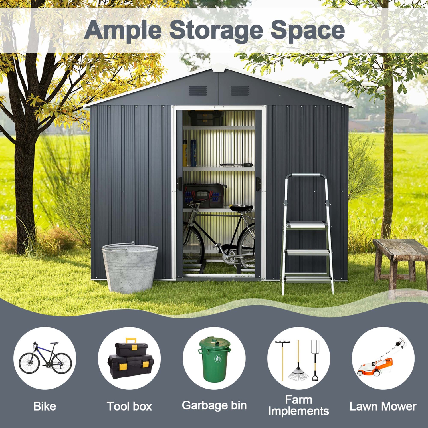 Costway 5.7 FT x 7.5 FT Outside Storage Shed Double Door Outdoor Tool House withAir Window