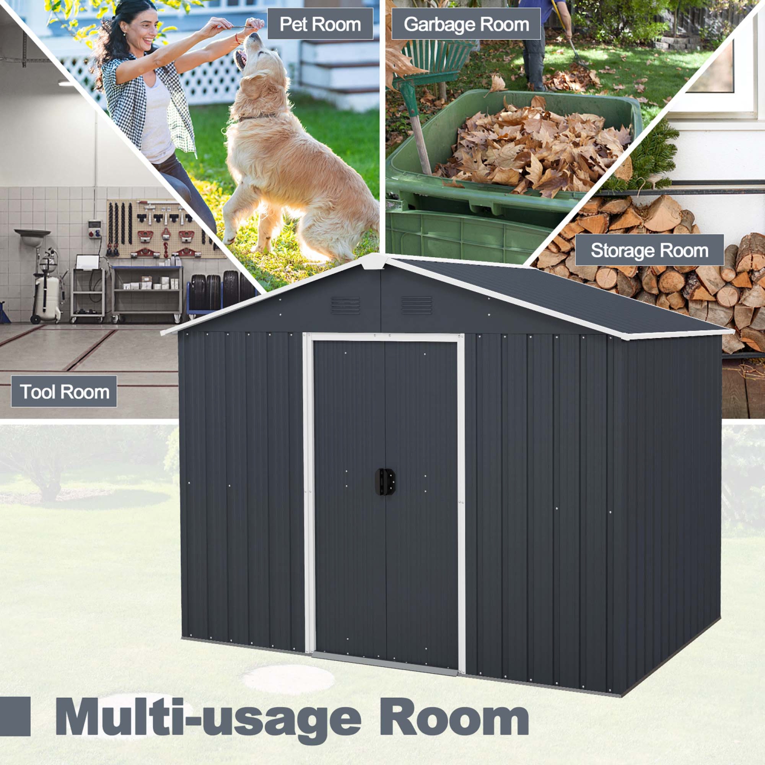Costway 5.7 FT x 7.5 FT Outside Storage Shed Double Door Outdoor Tool House withAir Window
