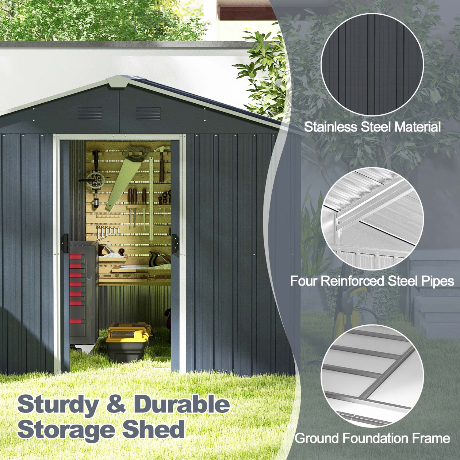 Costway 5.7 FT x 7.5 FT Outside Storage Shed Double Door Outdoor Tool House withAir Window