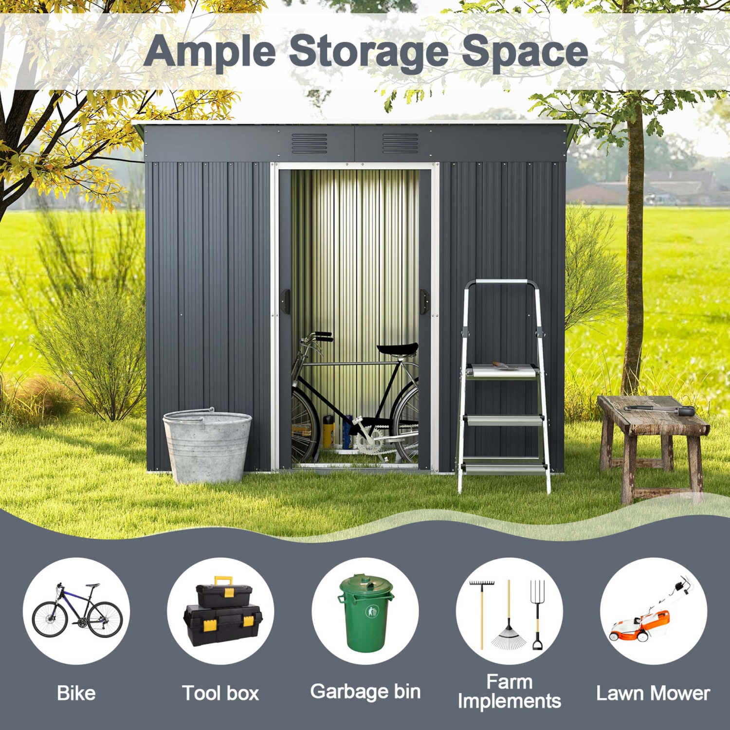 Costway 3.6' x 7.1' Outside Garden Storage Shed Tool House with Ground Foundation Frame