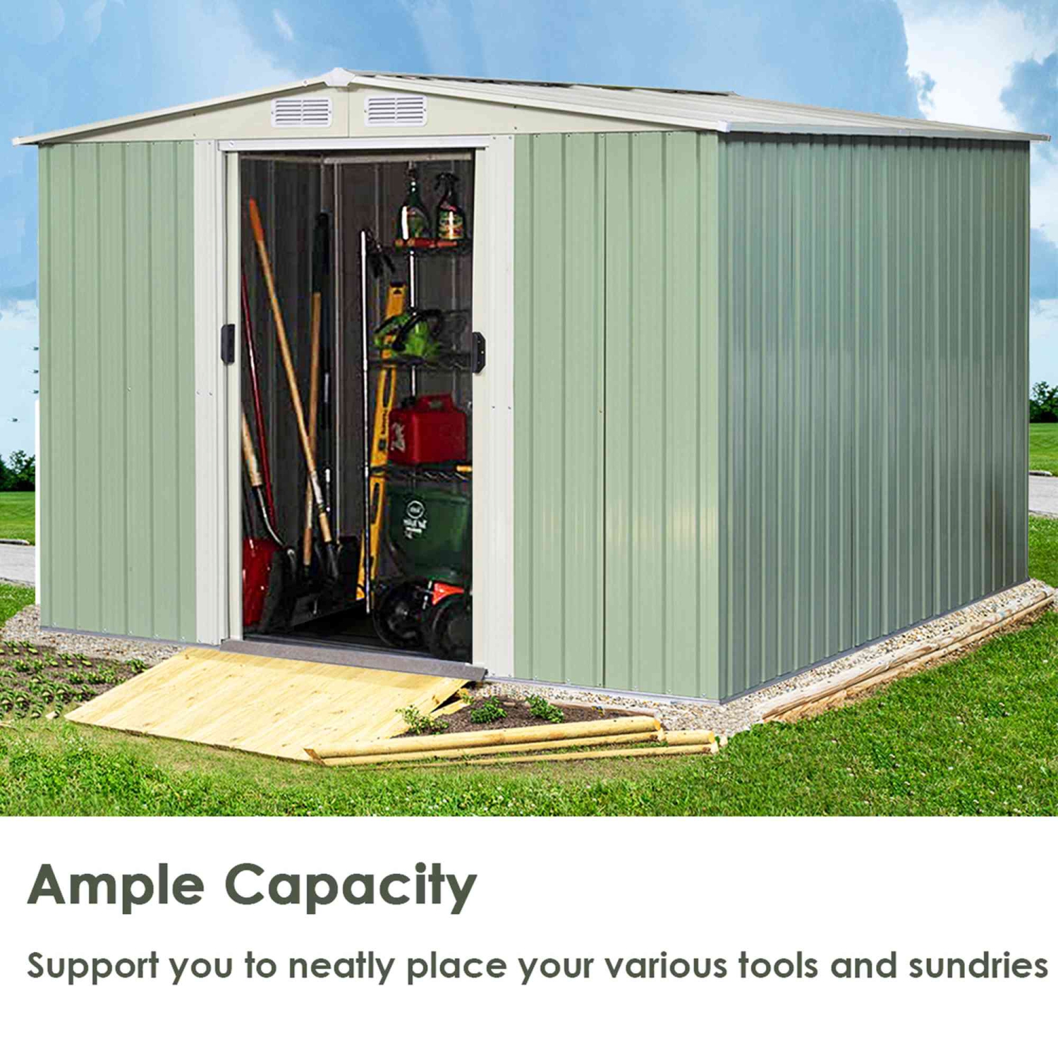 Costway 8.5x8.5FT Outdoor Garden Storage Shed Tool House Sliding Door Galvanized Steel Green