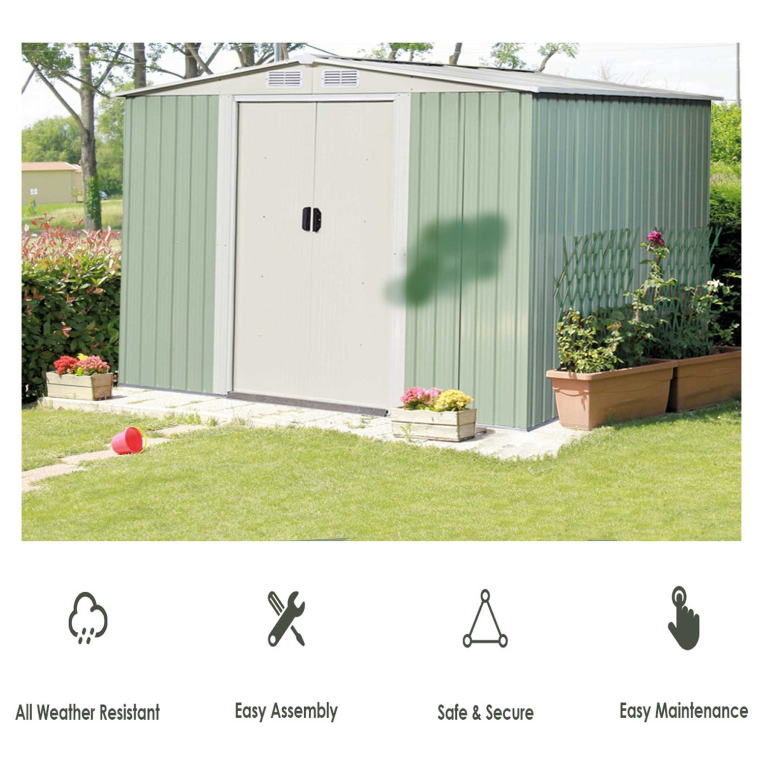 Costway 8.5x8.5FT Outdoor Garden Storage Shed Tool House Sliding Door Galvanized Steel Green