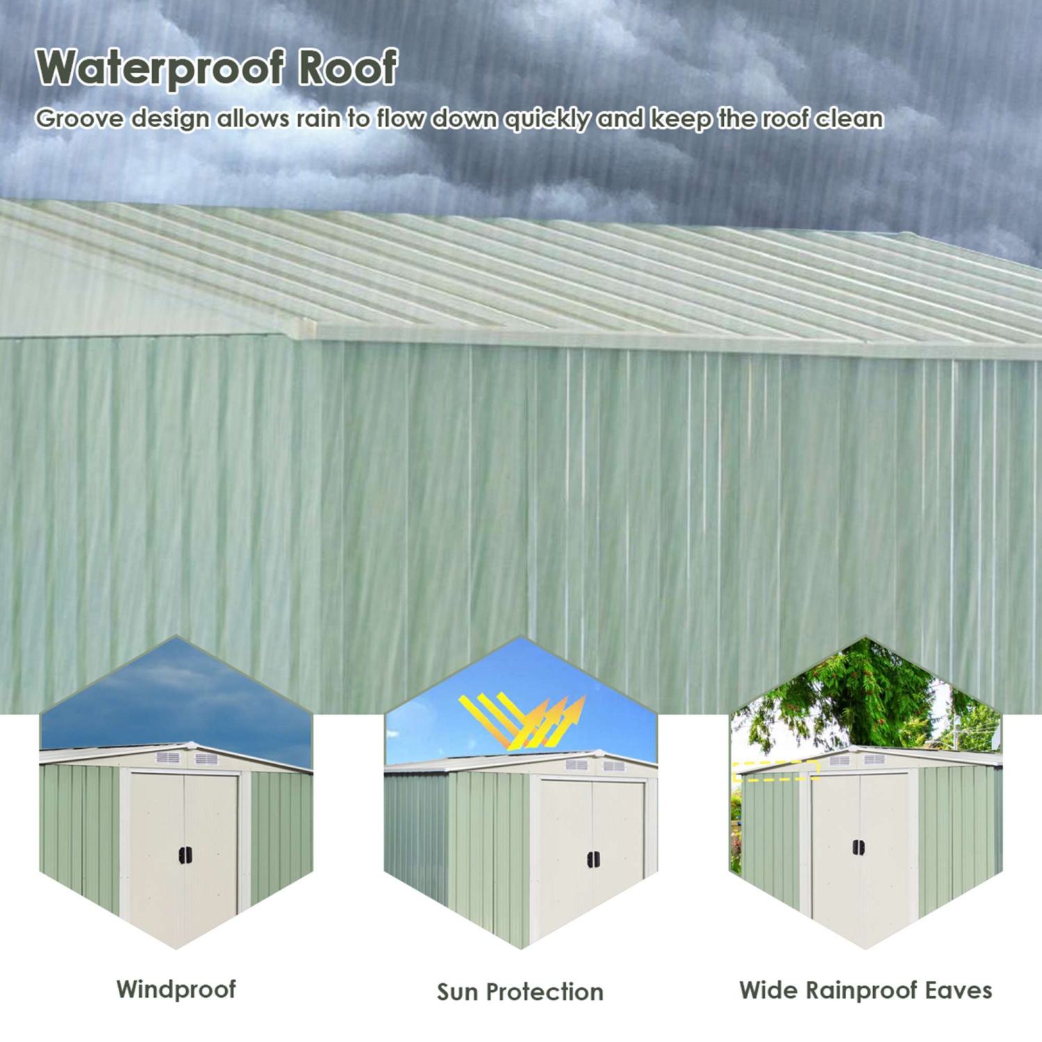 Costway 8.5x8.5FT Outdoor Garden Storage Shed Tool House Sliding Door Galvanized Steel Green