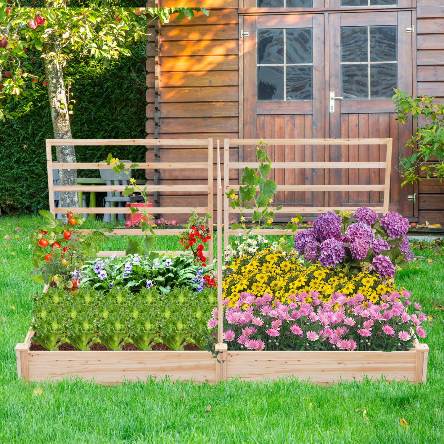 Costway Raised Garden Bed with 3 Trellises with Divided Compartments for Flowers Natural