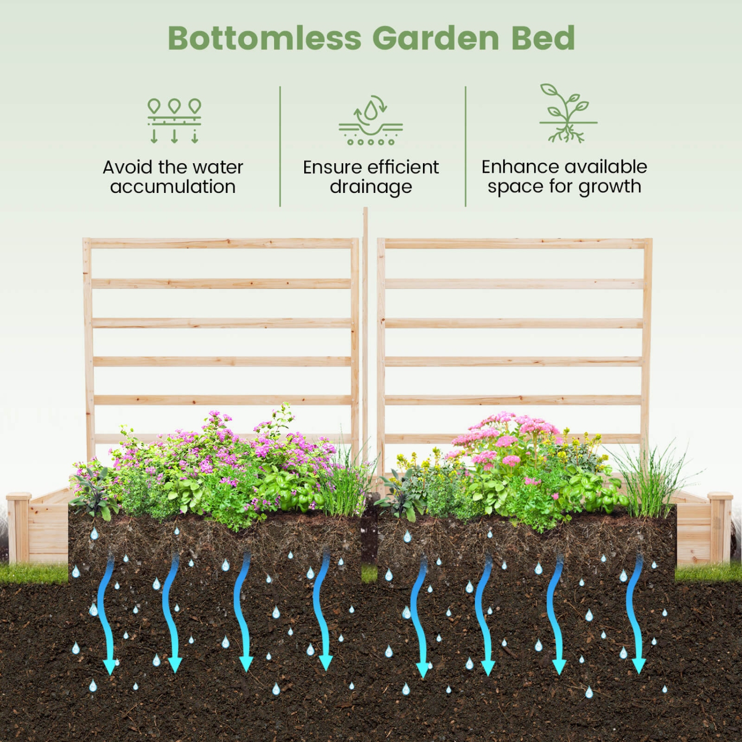Costway Raised Garden Bed with 3 Trellises with Divided Compartments for Flowers Natural