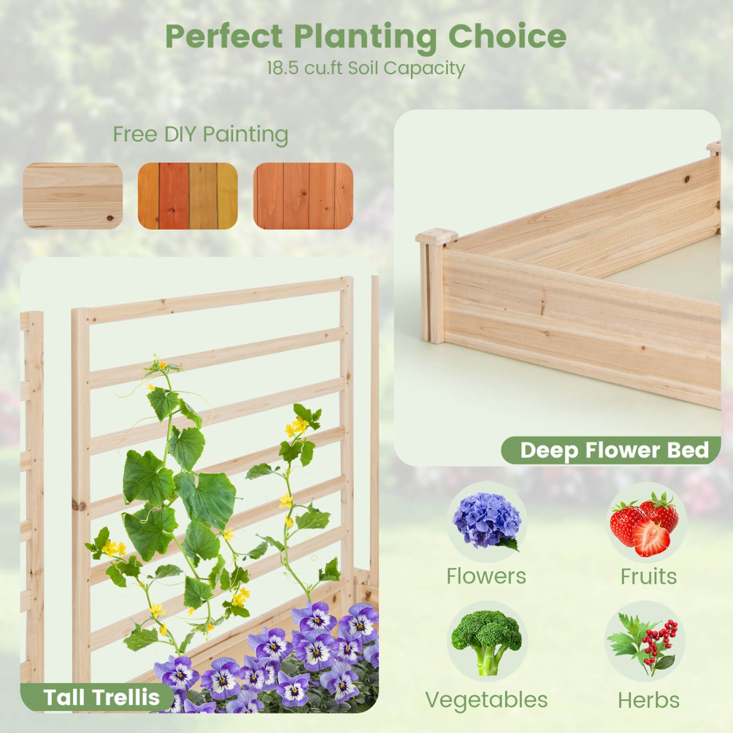 Costway Raised Garden Bed with 3 Trellises with Divided Compartments for Flowers Natural