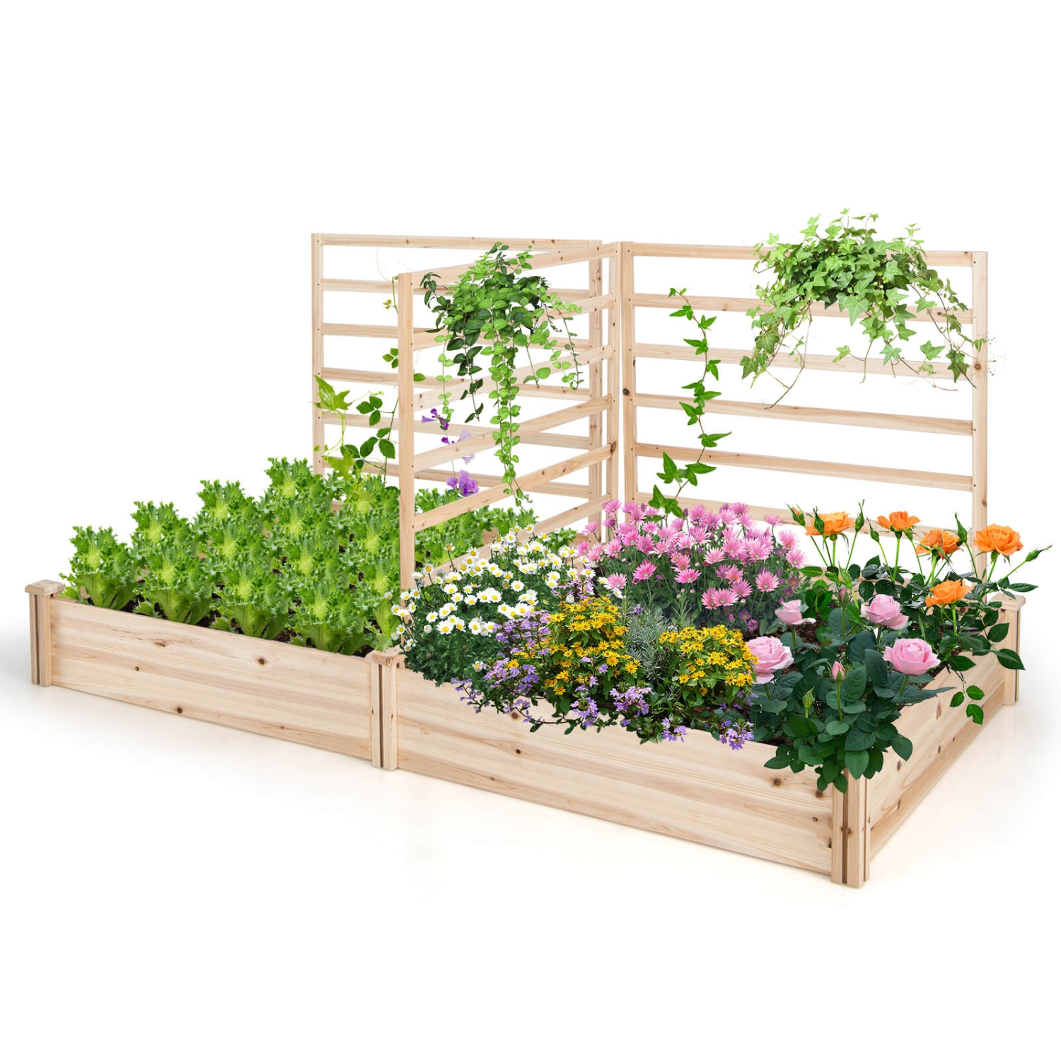 Costway Raised Garden Bed with 3 Trellises with Divided Compartments for Flowers Natural