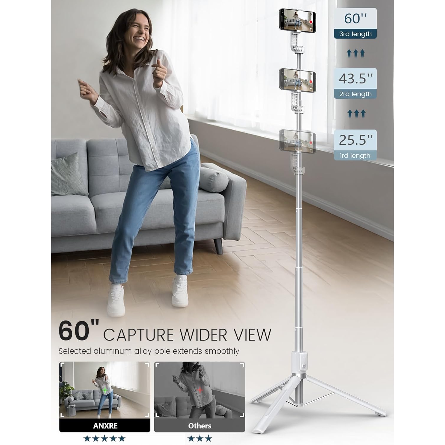 60" Phone Tripod Selfie Stick with Remote,Portable Selfie Stick Tripod for Cell Phone,Tripod Stand Compatible with 4''-7'' iPhone 15/14/13 Pro Max