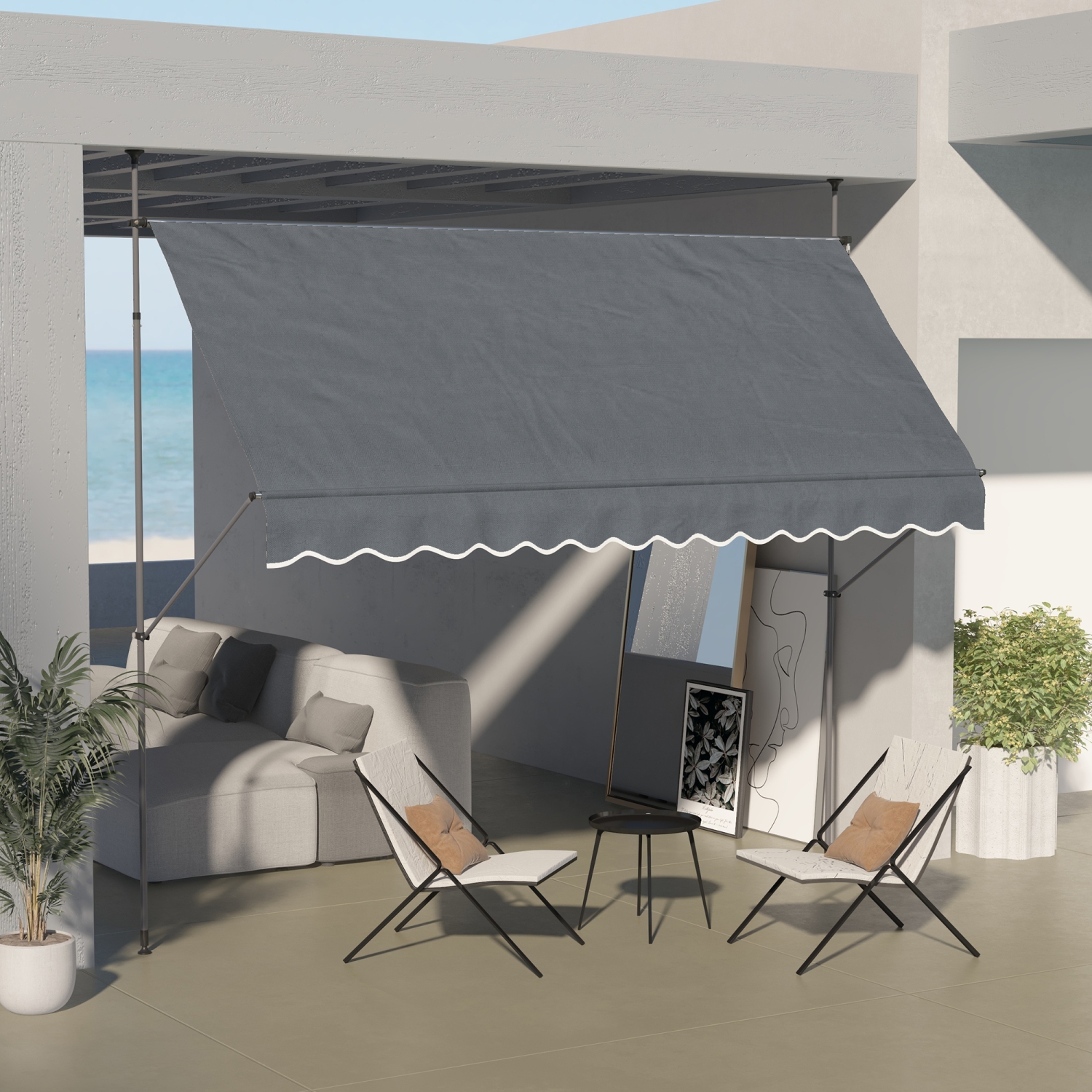 Outsunny 11.5' x 4' Manual Retractable Awning, Non-Screw Freestanding Patio Sun Shade Shelter with Support Stand and UV-resistant fabric for Window,