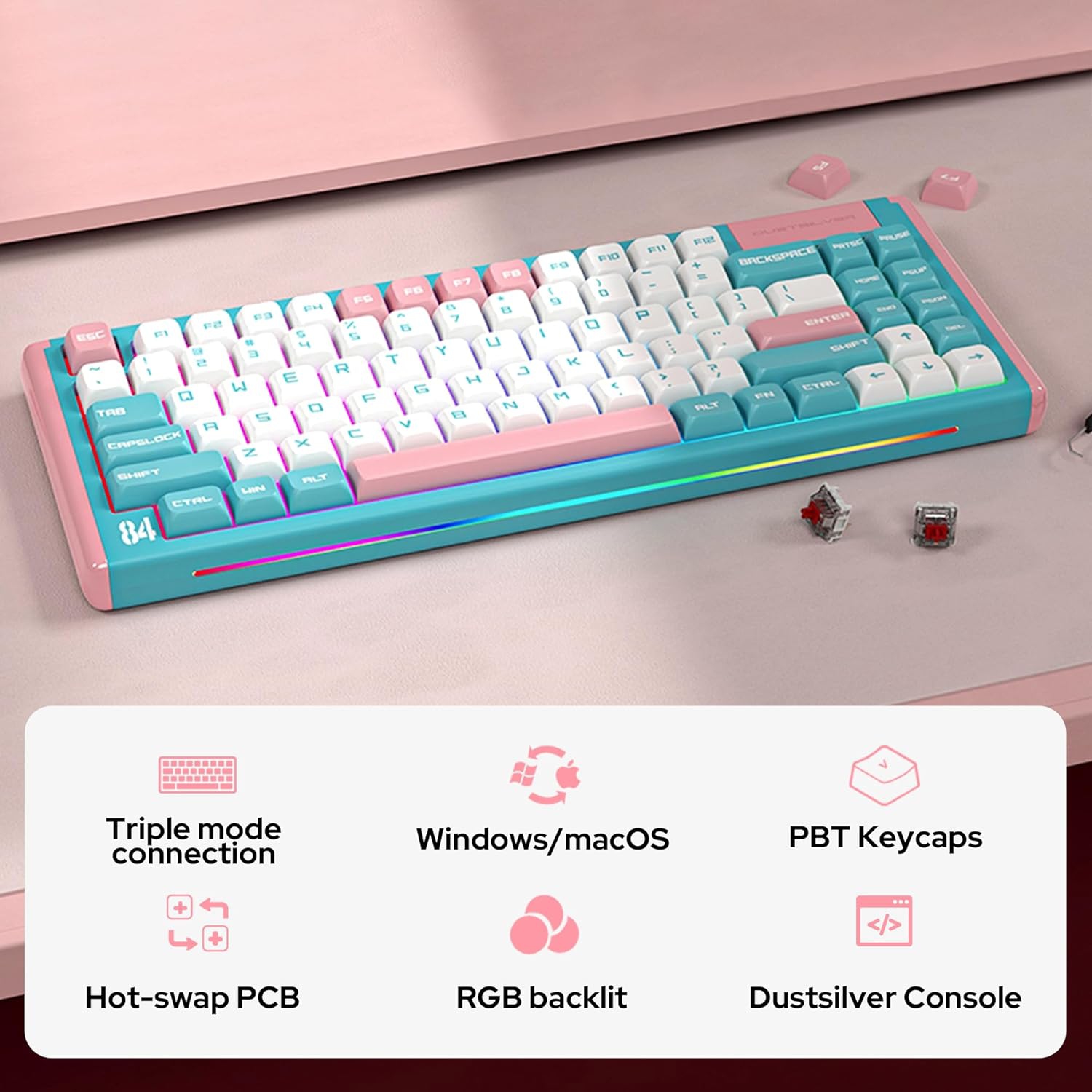 DUSTSILVER Wireless Keyboard Mechanical Gaming Keyboard Hot-swappable 75% Supports Bluetooth 5.0/2.4G Wireless/USB-C Wired
