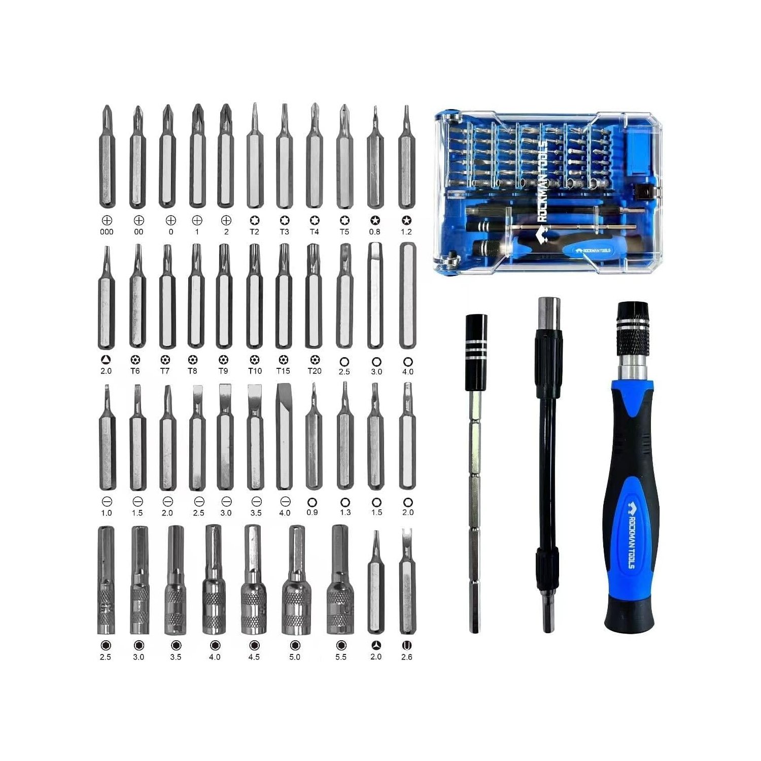 Screwdriver, Rockman Tools Basics 45 PCS Precision Screwdriver Bit Set- 1PC Precision Bits Driver, 1PC 120mm Precision Magnetic Holder, 1PC 120mm
