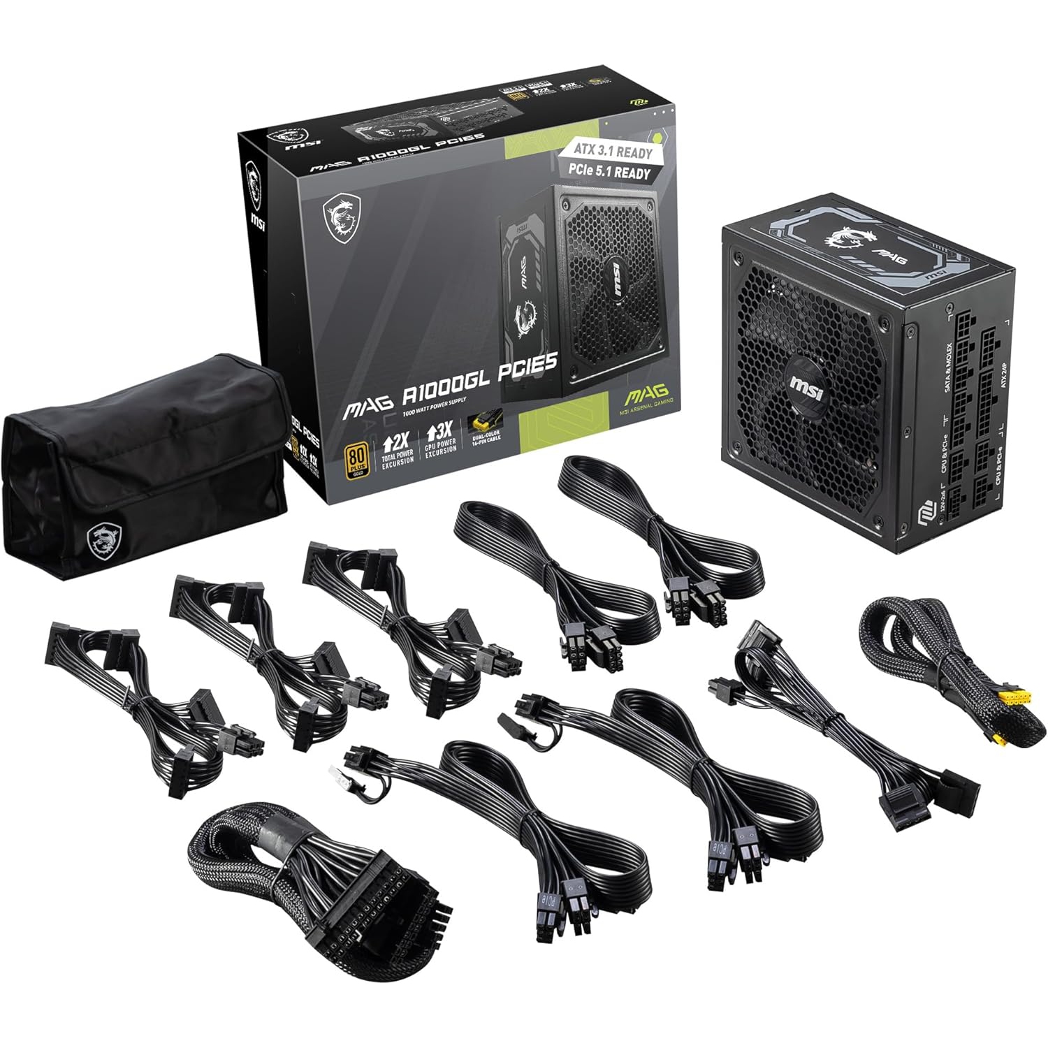 MSI MAG A1000GL PCIE5, Fully Modular Compact Gaming 1000W Power Supply, 80+ Gold, ATX 3.1 & PCIe 5.1 Ready, Native Dual-color 12V-2x6 cable, 10 Year