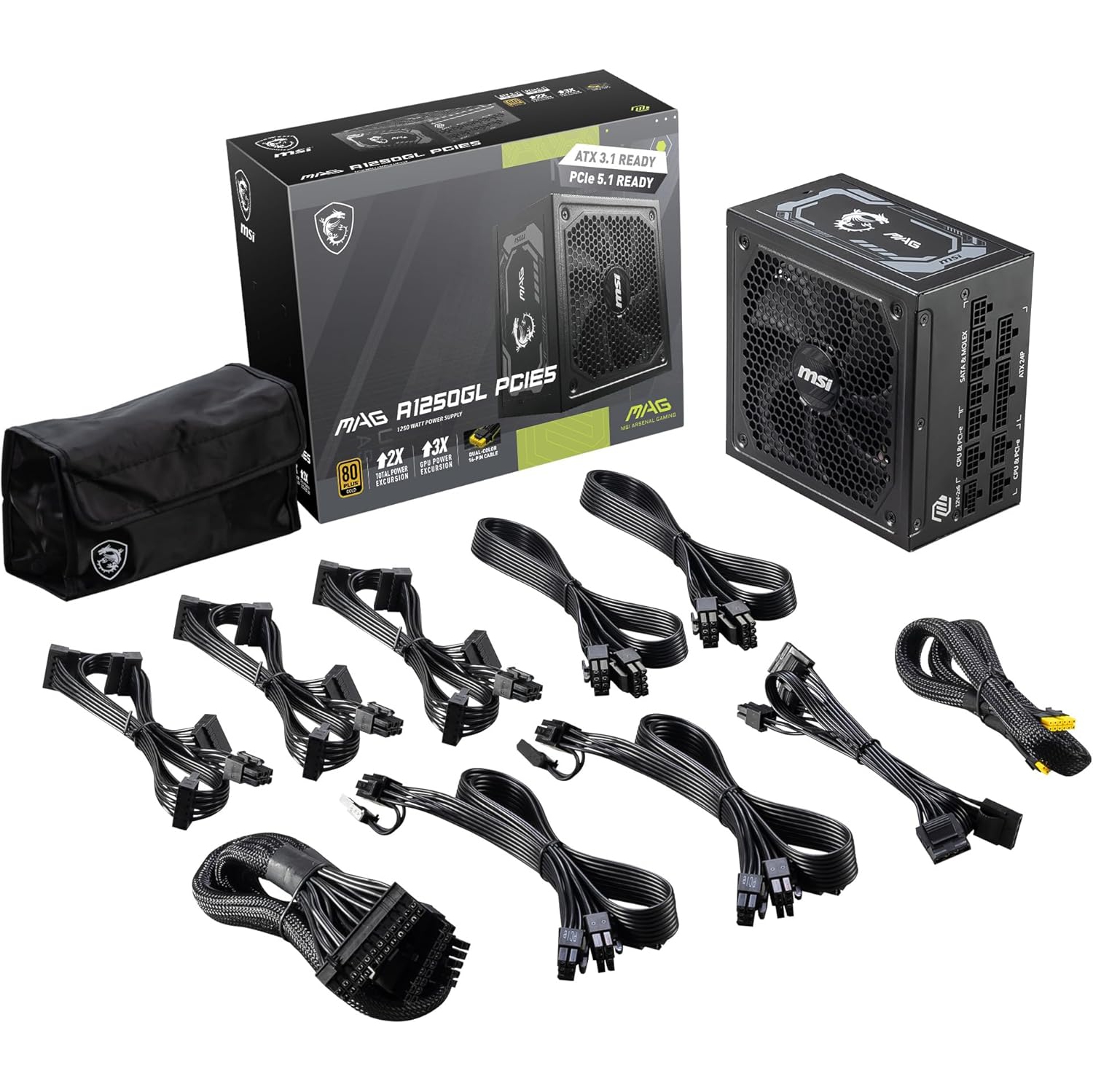 MSI – Bloc d'alimentation MAG A1250GL PCIE5, 1250&nbsp;W, PCIe 5, ATX 3,1, PCI-e 5,1 Entièrement modulaire, 80 Plus Gold, garantie de 10 ans