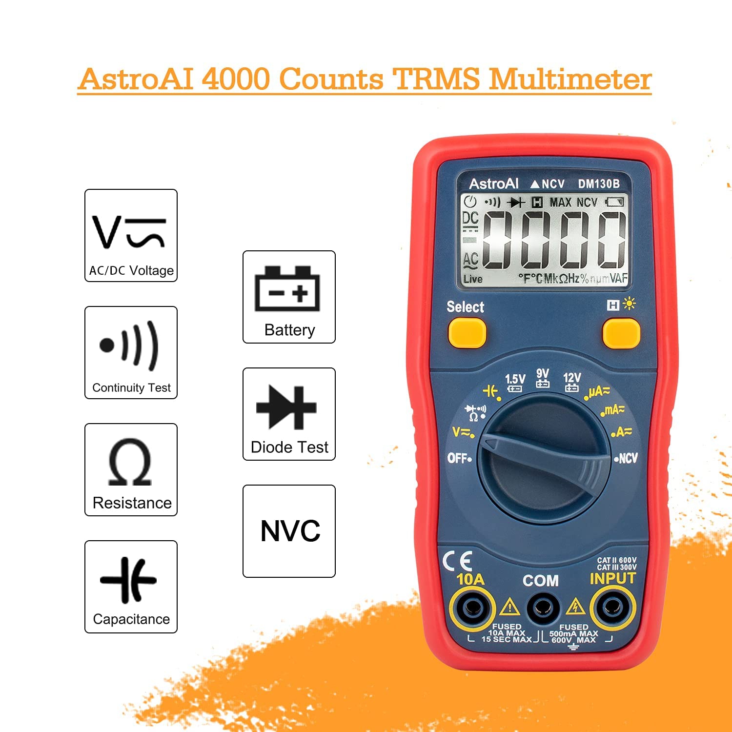 Digital Multimeter 4000 Counts Voltmeter 1.5v/9v/12v Battery Voltage Tester Auto-Ranging/Ohmmeter/DMM Non-Contact Voltage Function, Accurately