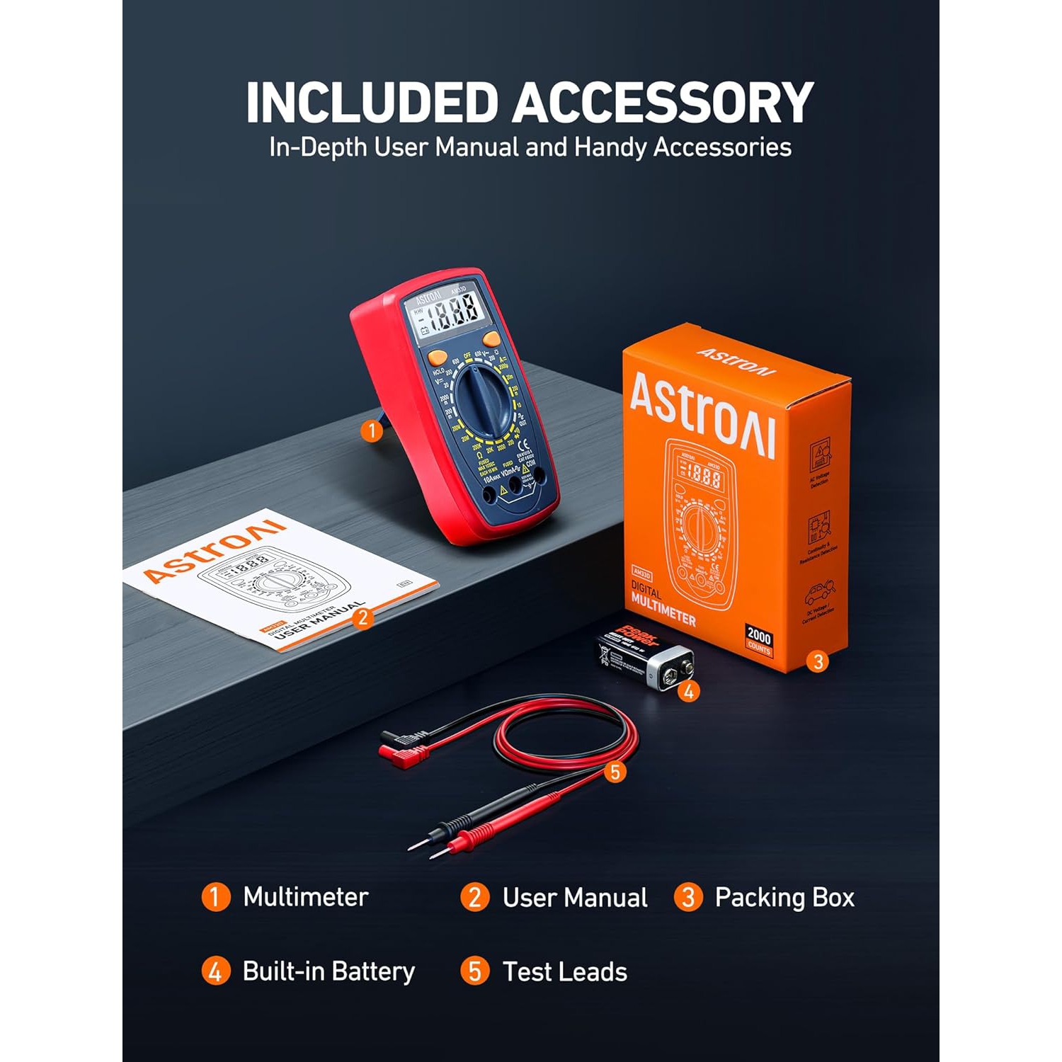 Multimeter 2000 Counts Digital Multimeter with DC AC Voltmeter and Ohm Volt Amp Tester ; Measures Voltage, Current, Resistance; Tests Live Wire,
