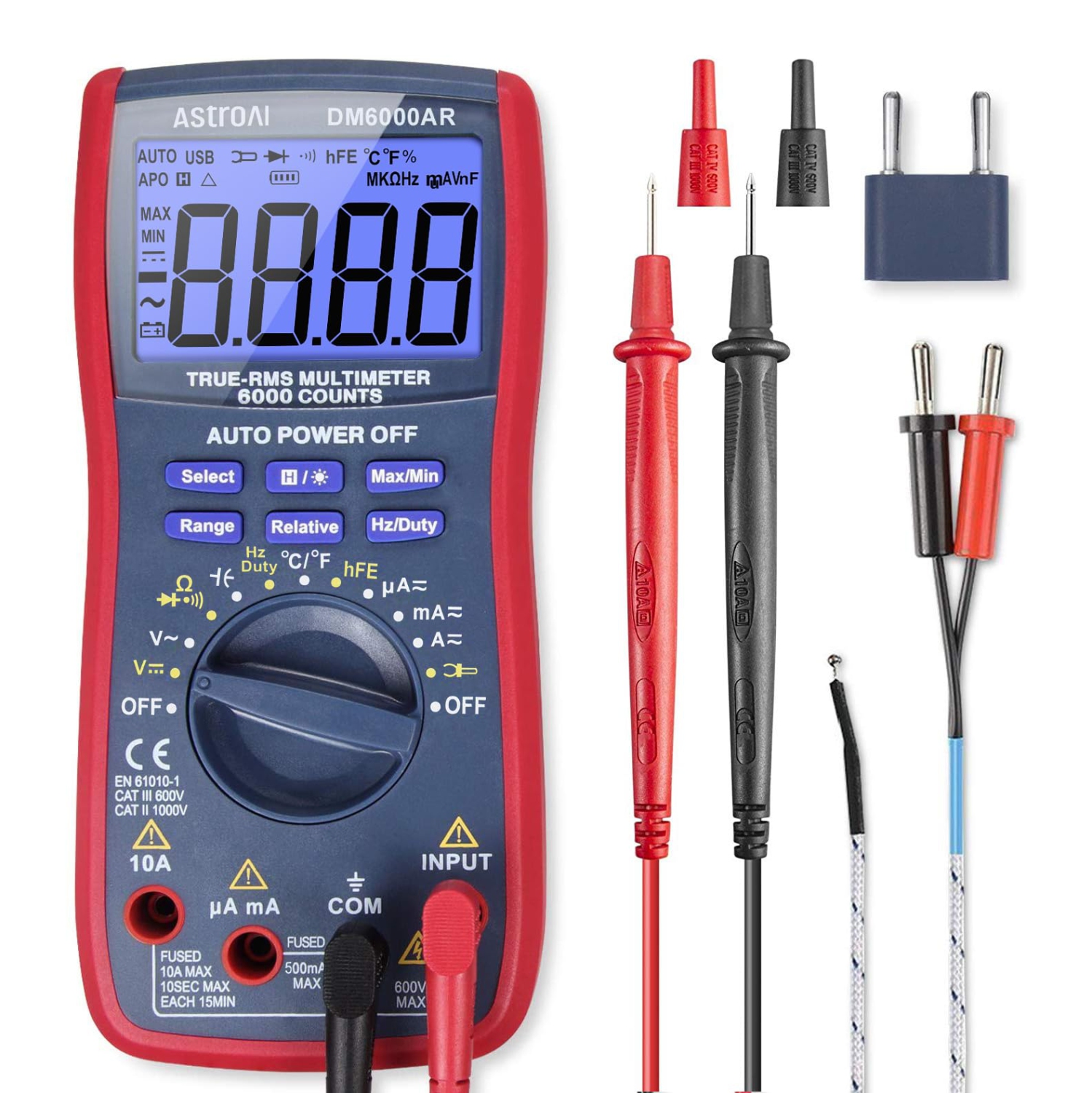 Digital Multimeter TRMS 6000 Counts Auto-Ranging Tester; Accurately Measures Voltage Current Resistance Diodes Continuity Duty-Cycle Capacitance