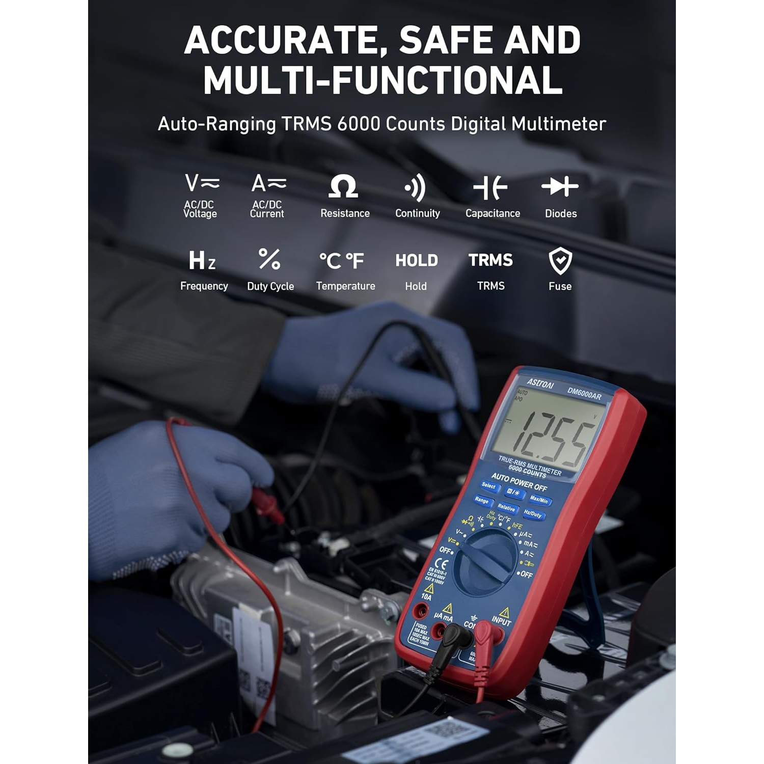 Digital Multimeter TRMS 6000 Counts Auto-Ranging Tester; Accurately Measures Voltage Current Resistance Diodes Continuity Duty-Cycle Capacitance