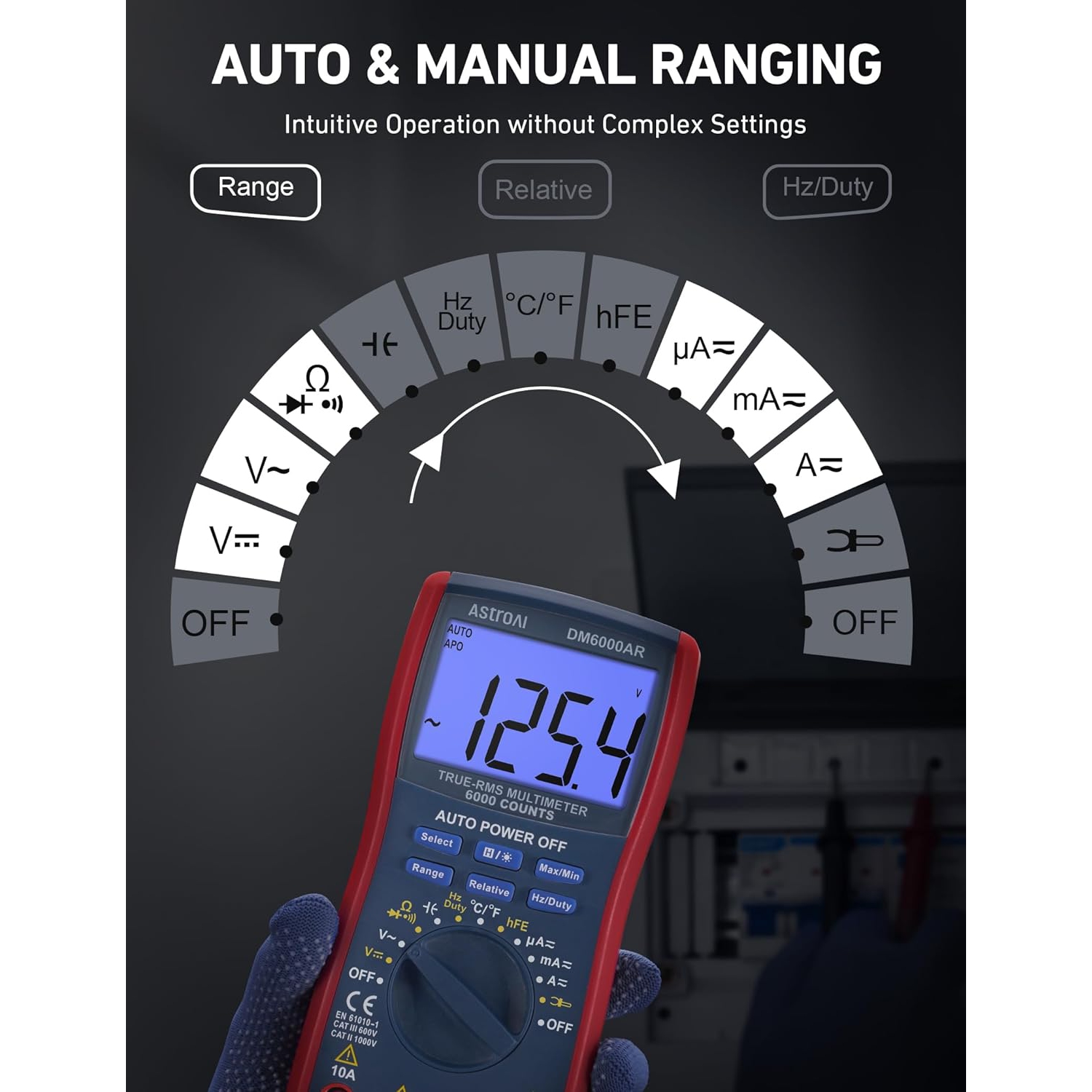 Digital Multimeter TRMS 6000 Counts Auto-Ranging Tester; Accurately Measures Voltage Current Resistance Diodes Continuity Duty-Cycle Capacitance