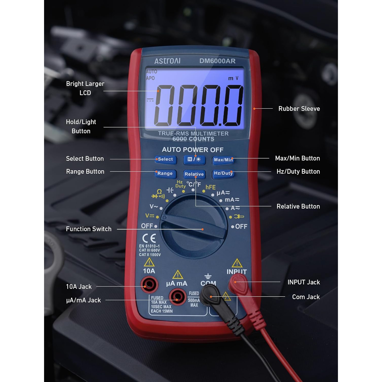 Digital Multimeter TRMS 6000 Counts Auto-Ranging Tester; Accurately Measures Voltage Current Resistance Diodes Continuity Duty-Cycle Capacitance