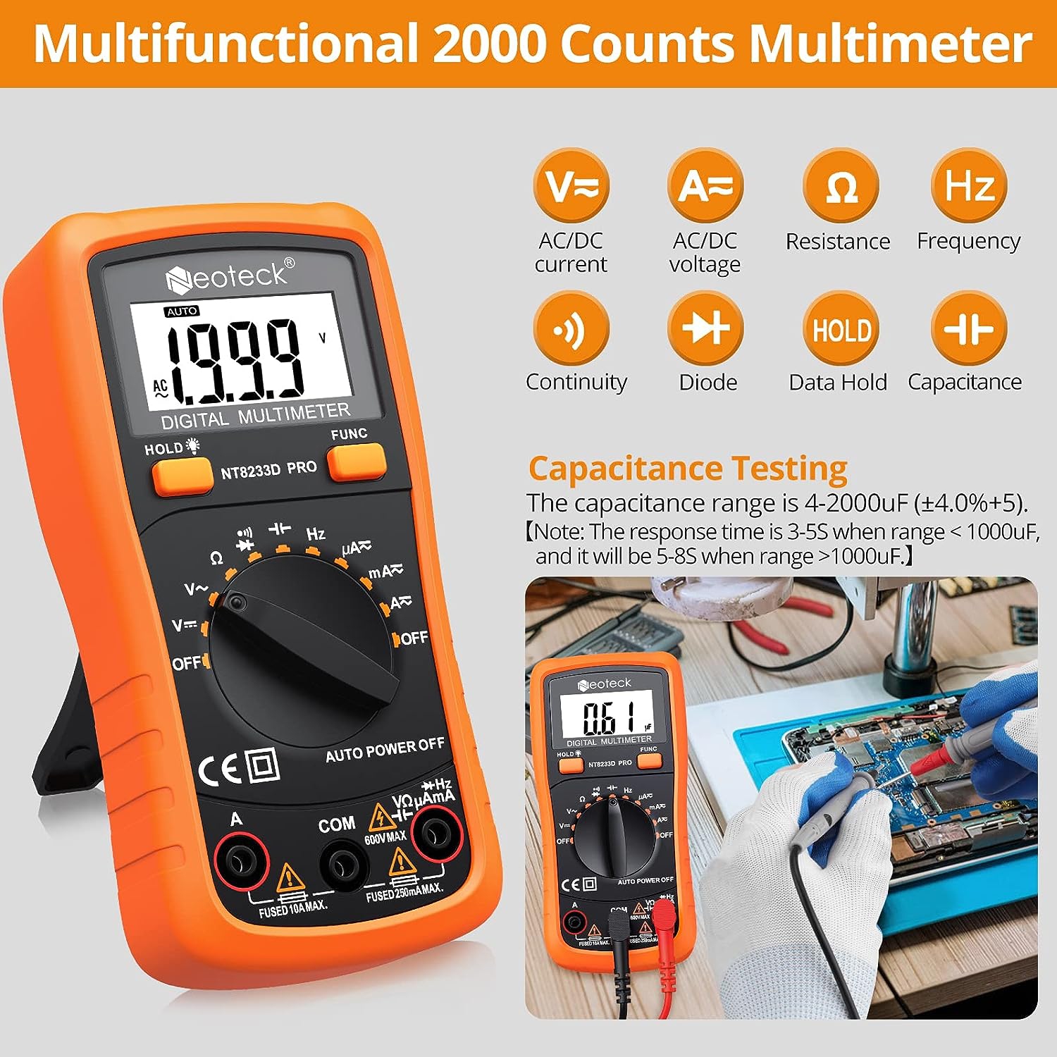 Auto Ranging Digital Multimeter AC/DC Voltage Current Ohm Capacitance Frequency Diode Transistor Audible Continuity, Multi Tester with Backlit LCD-