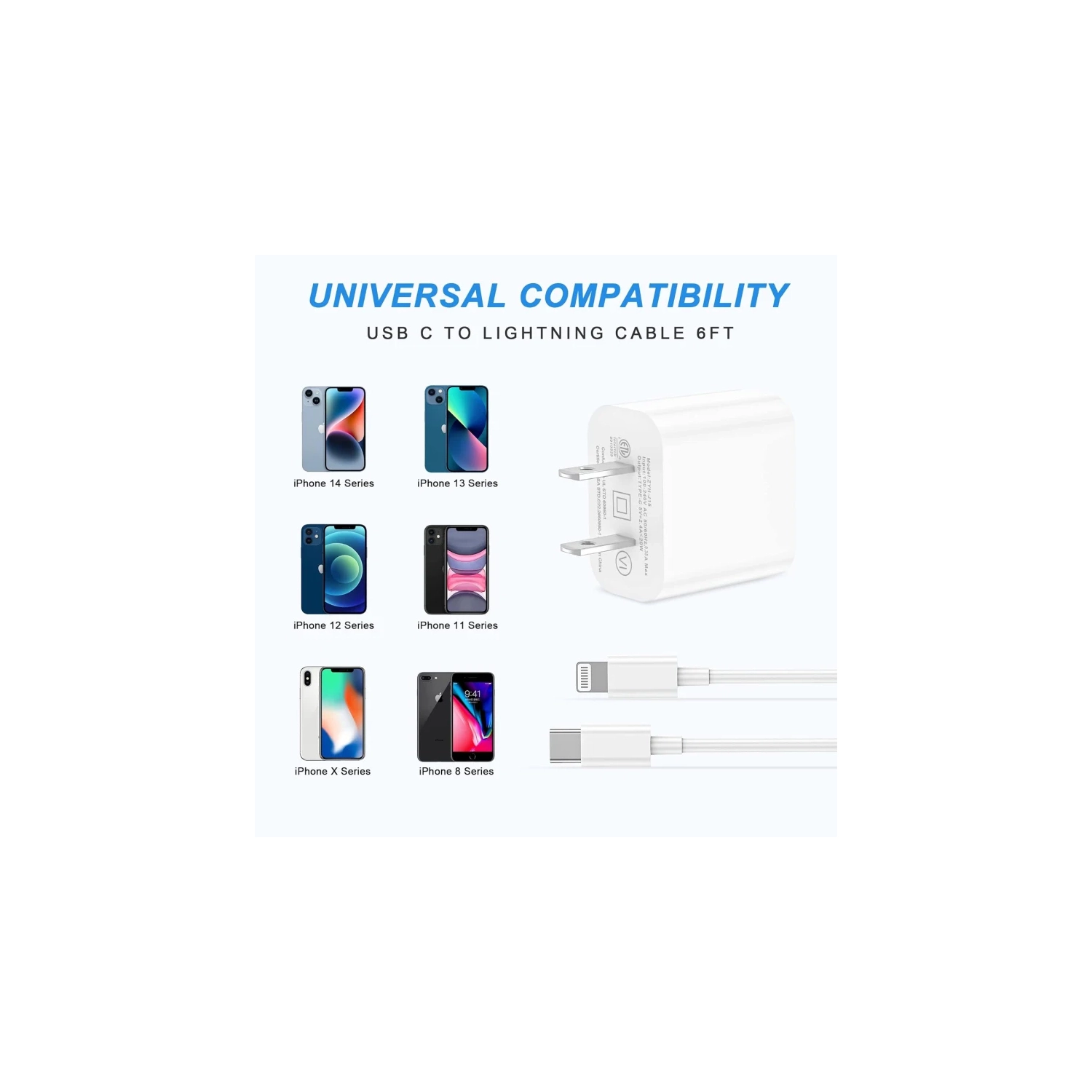 3-Pack USB-C Wall Charger Block with 6FT USB C to Lightning Cables for iPhone 14/14 Pro/14 Pro Max/13/13 Pro/12/12 Pro/12 Pro Max/11/Xs Max/XR/X -