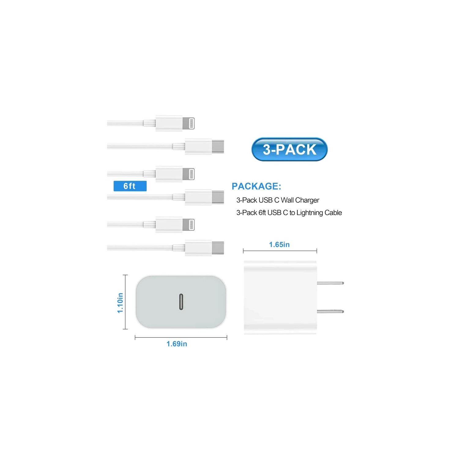 3-Pack USB-C Wall Charger Block with 6FT USB C to Lightning Cables for iPhone 14/14 Pro/14 Pro Max/13/13 Pro/12/12 Pro/12 Pro Max/11/Xs Max/XR/X -