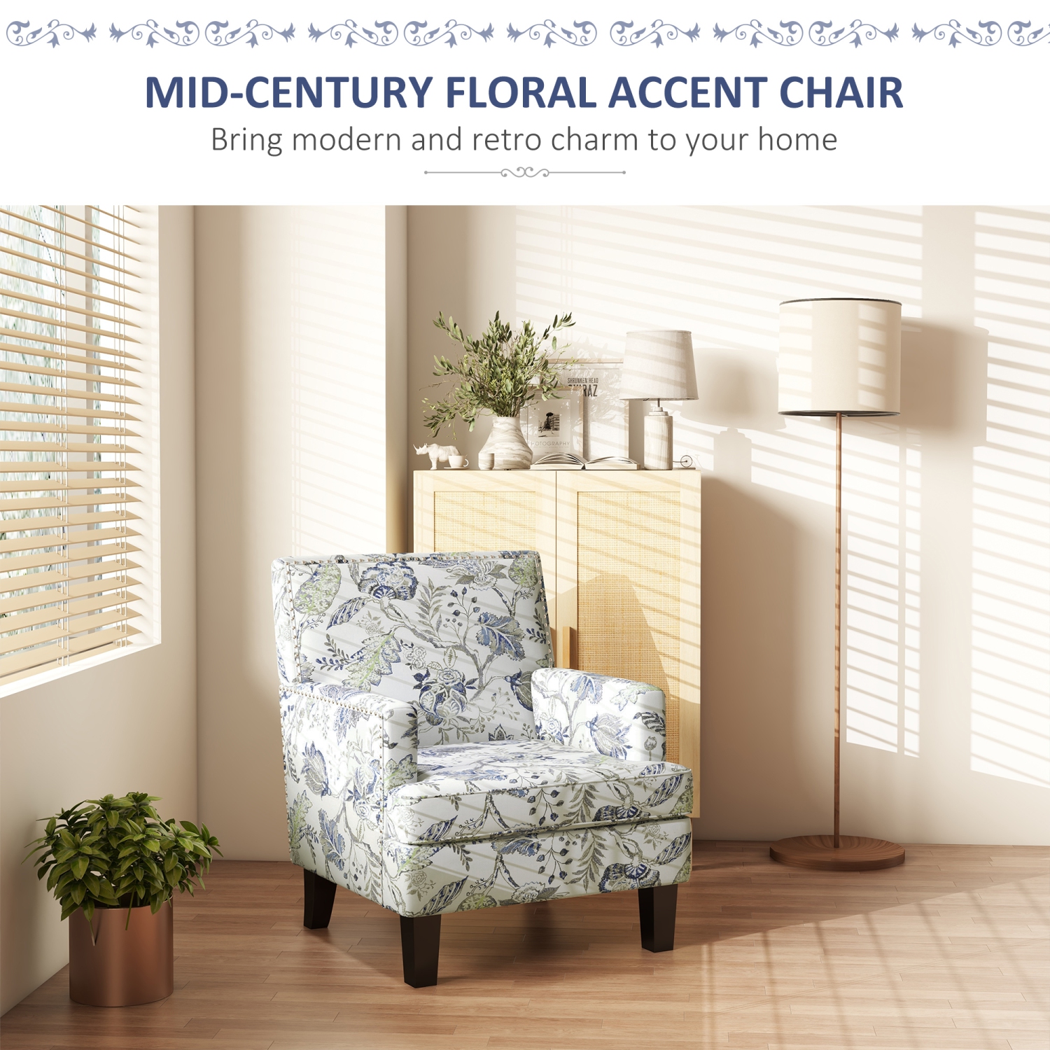 HOMCOM Mid-Century Modern Accent Chair with Floral Pattern and Nailhead Trim, Upholstered Armchair for Bedroom, Fabric Living Room Chair with Wood